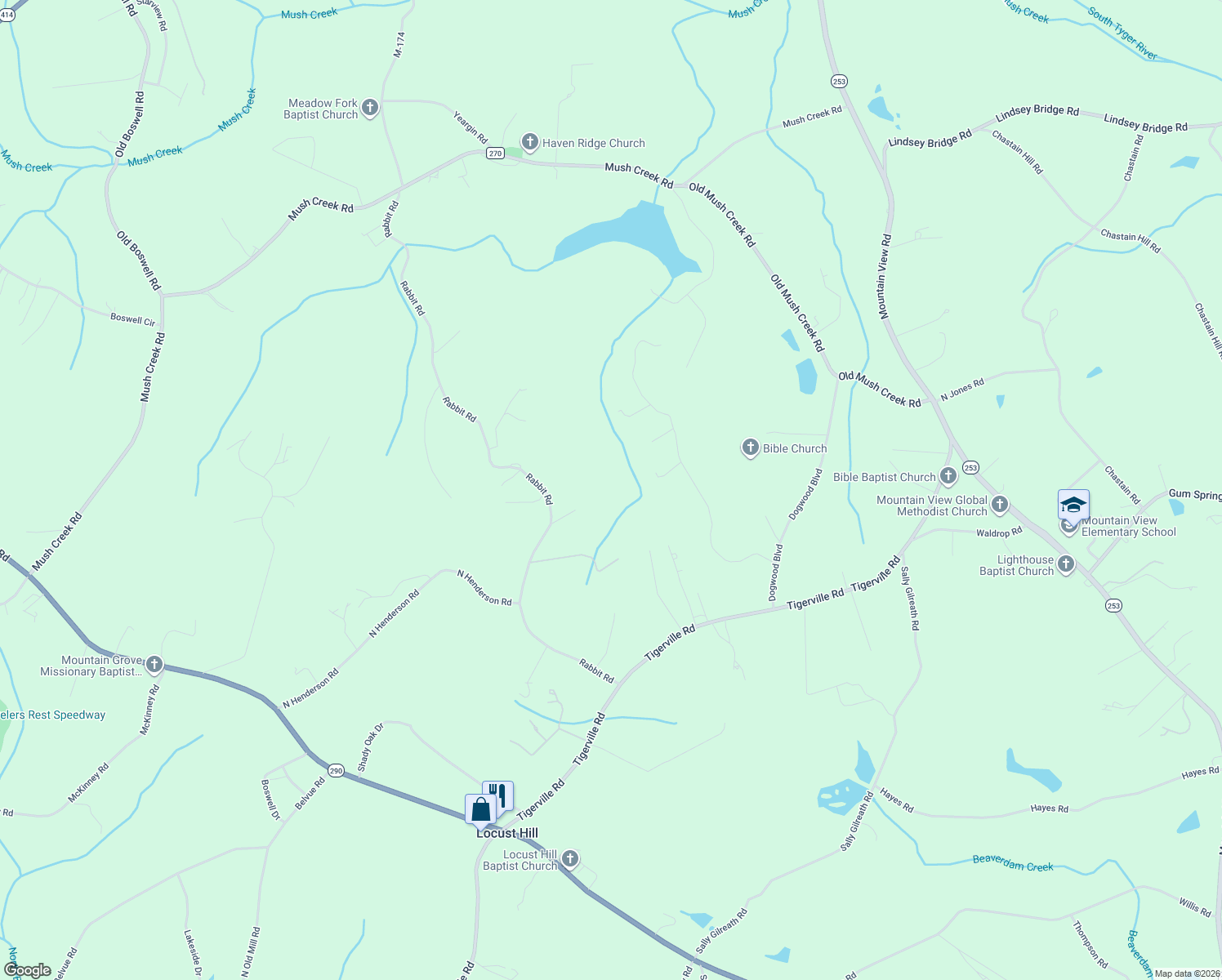 map of restaurants, bars, coffee shops, grocery stores, and more near 121 Coster Road in Travelers Rest