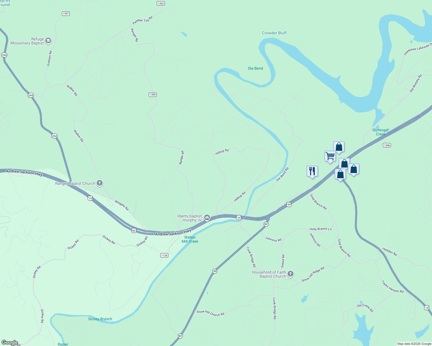 map of restaurants, bars, coffee shops, grocery stores, and more near 405 Hilltop Road in Murphy