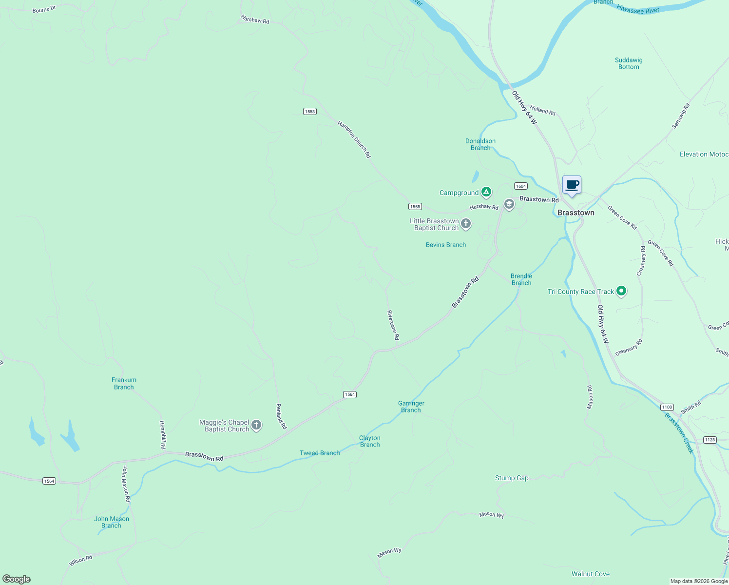 map of restaurants, bars, coffee shops, grocery stores, and more near 412 Rivercane Road in Brasstown