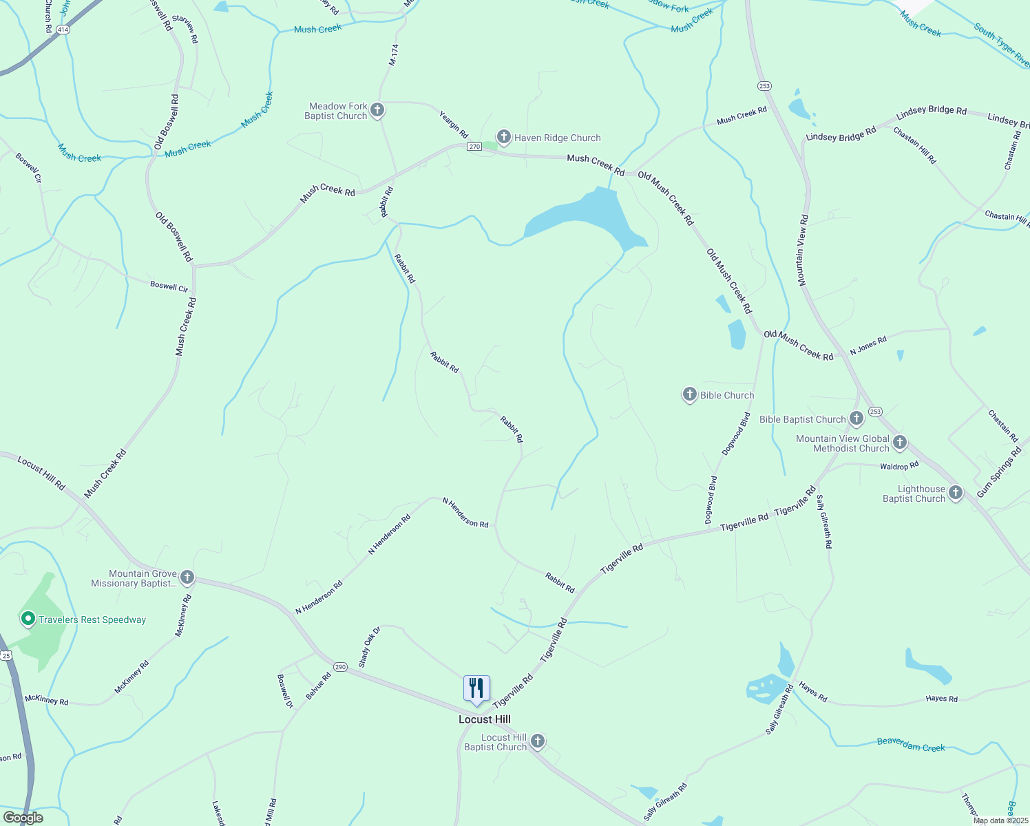 map of restaurants, bars, coffee shops, grocery stores, and more near 314 Rabbit Road in Travelers Rest