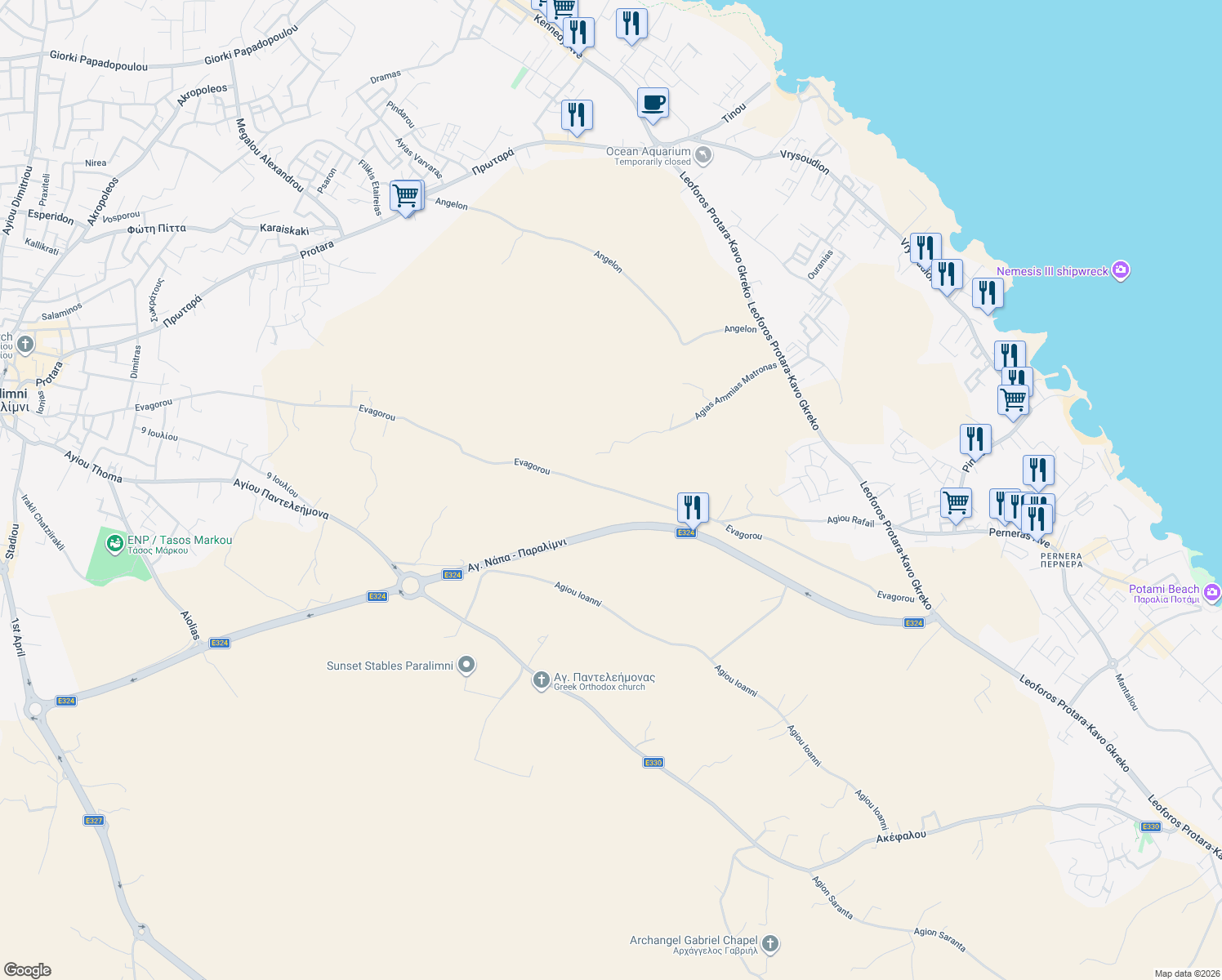 map of restaurants, bars, coffee shops, grocery stores, and more near Evagorou in Paralimni