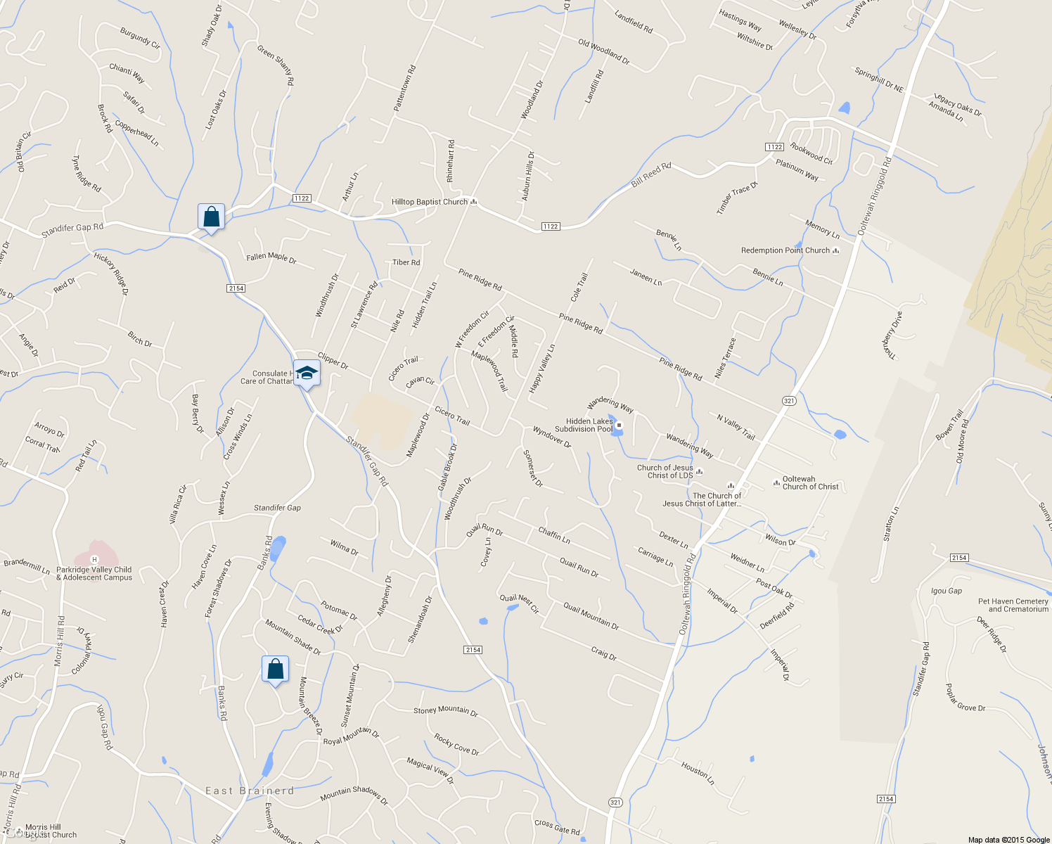 map of restaurants, bars, coffee shops, grocery stores, and more near 9301 Wyndover Drive in Ooltewah