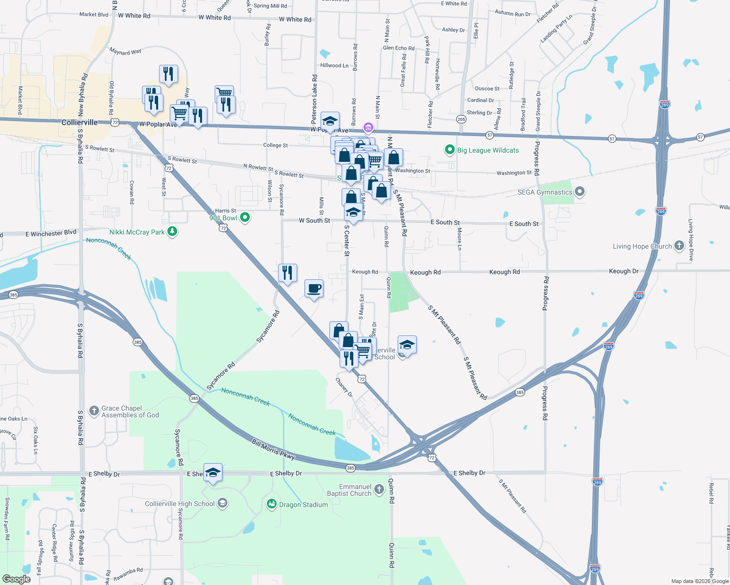 map of restaurants, bars, coffee shops, grocery stores, and more near 143 Cannon Avenue in Collierville