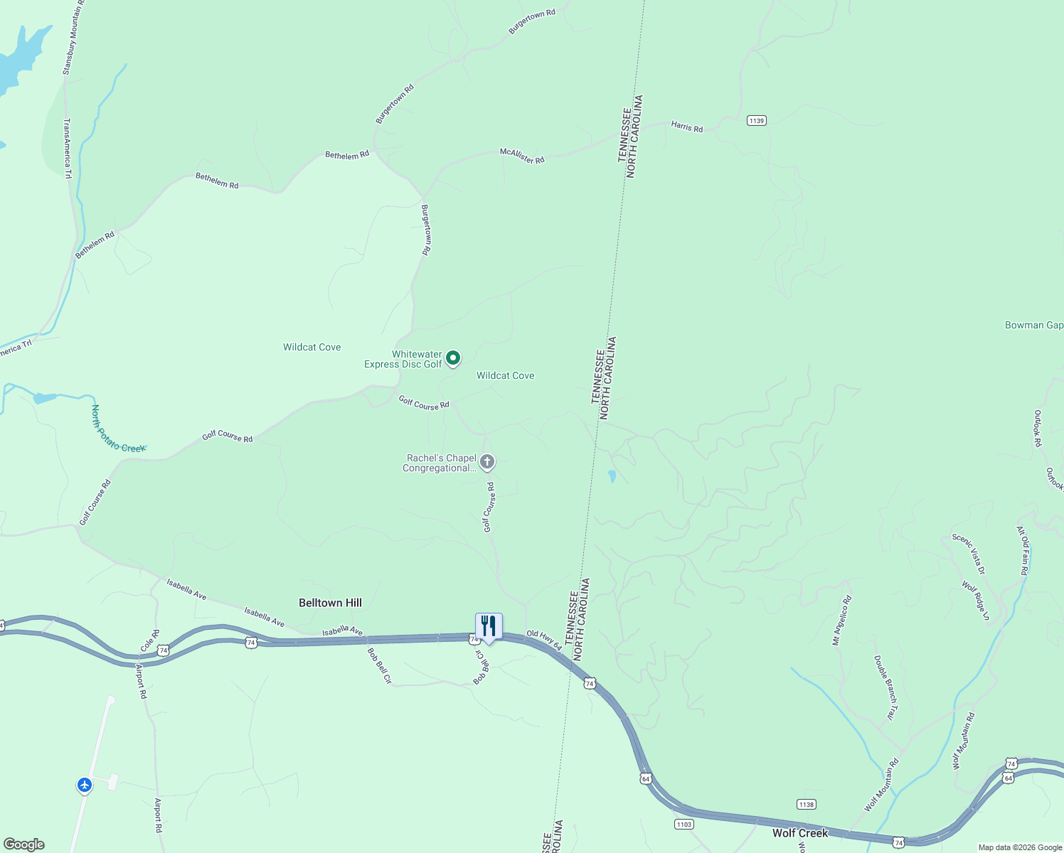 map of restaurants, bars, coffee shops, grocery stores, and more near 125 Allen Road in Copperhill