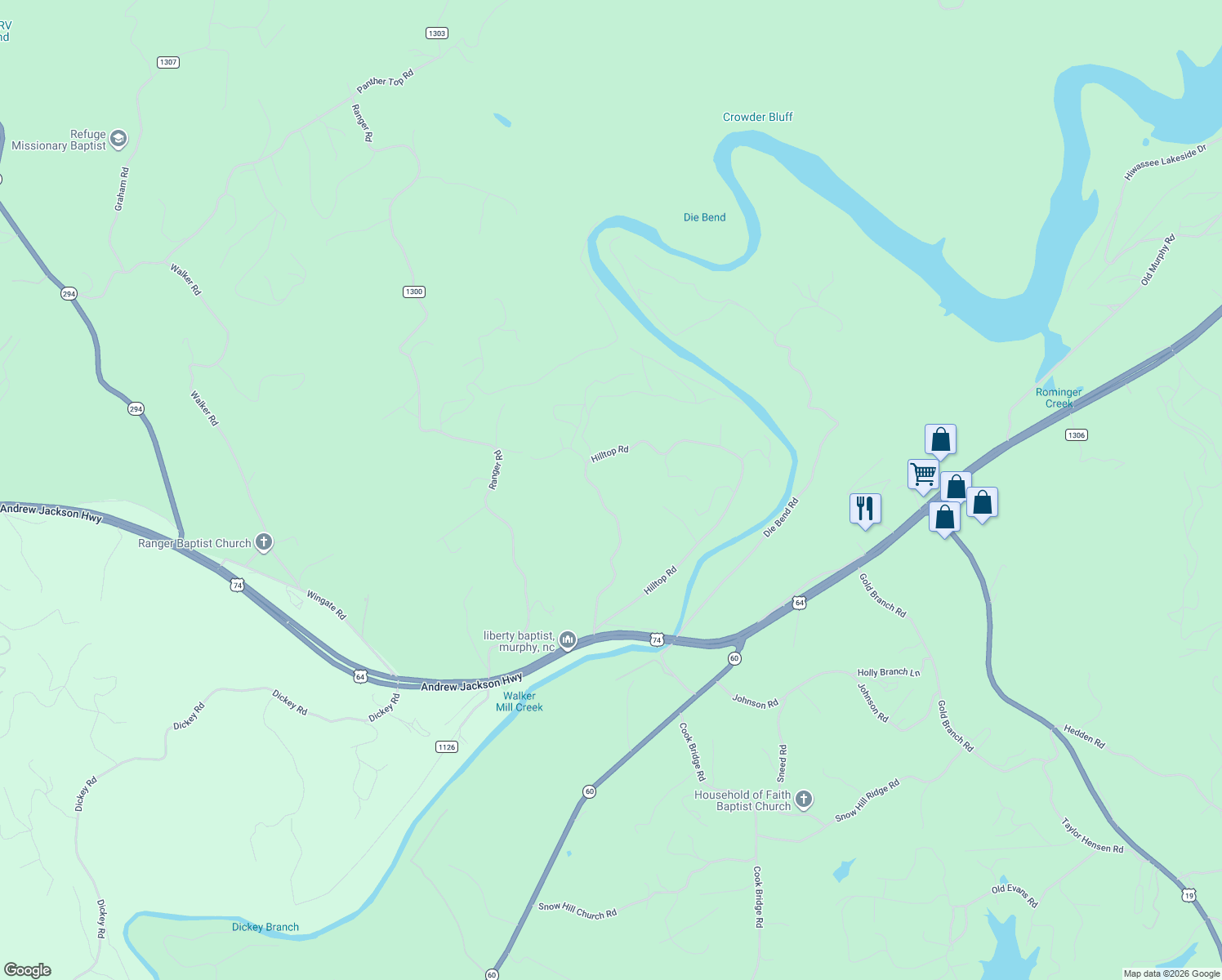 map of restaurants, bars, coffee shops, grocery stores, and more near 405-421 Hilltop Road in Murphy