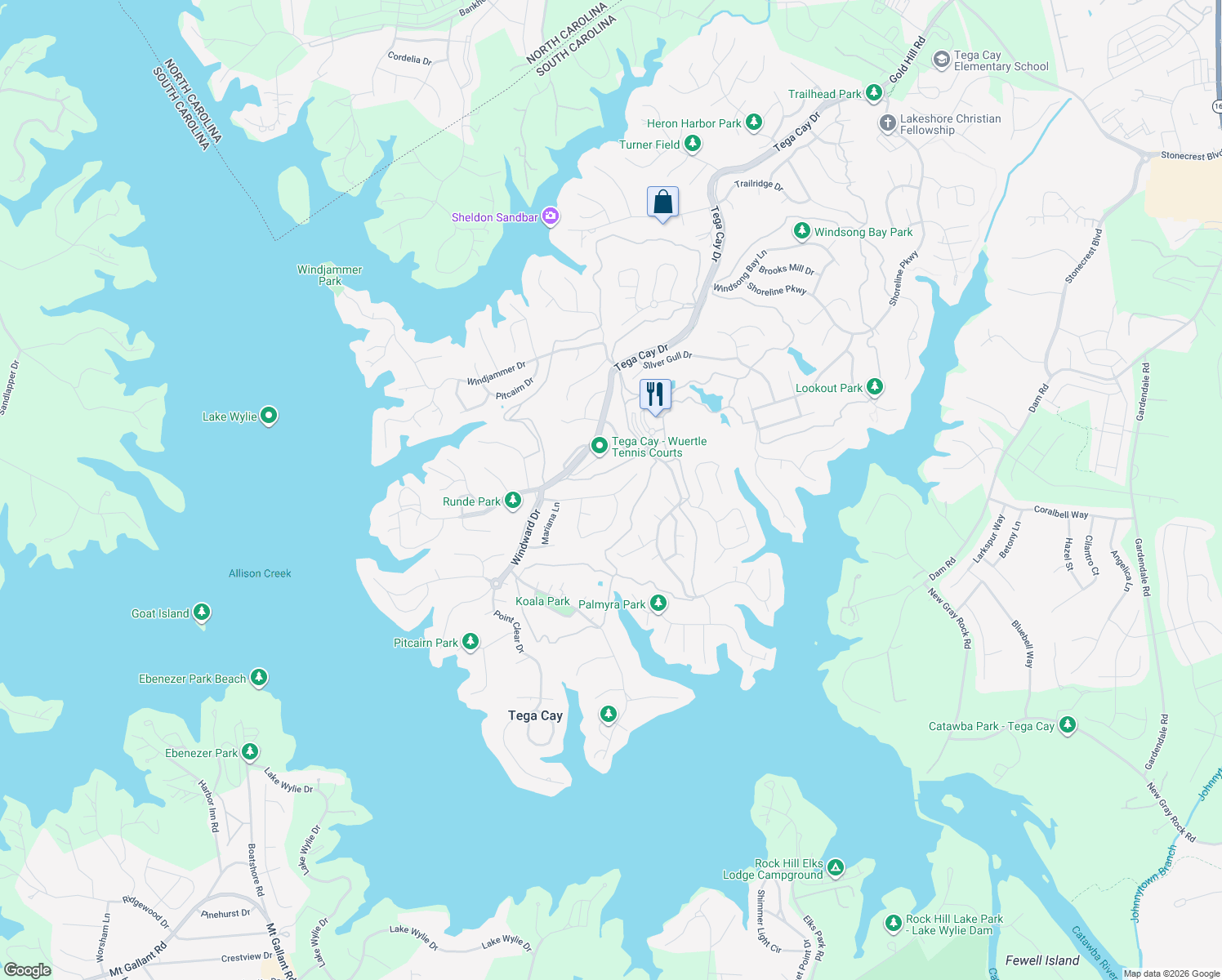map of restaurants, bars, coffee shops, grocery stores, and more near 5013 Tara Tea Drive in Tega Cay