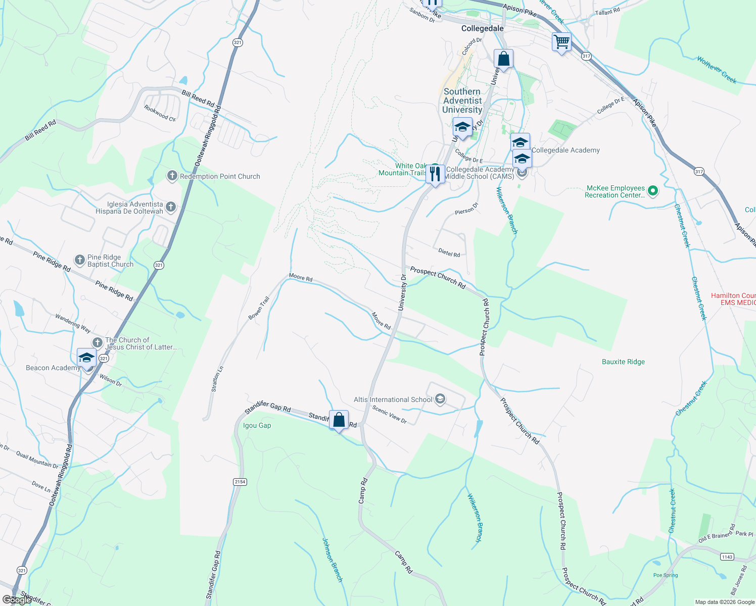 map of restaurants, bars, coffee shops, grocery stores, and more near 10050 Forrest Dr in Ooltewah
