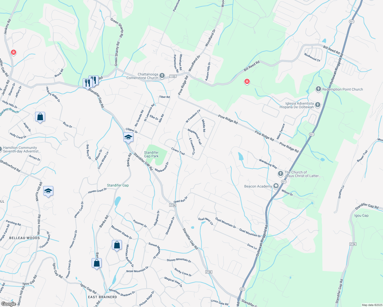 map of restaurants, bars, coffee shops, grocery stores, and more near 4136 E Freedom Cir in Ooltewah