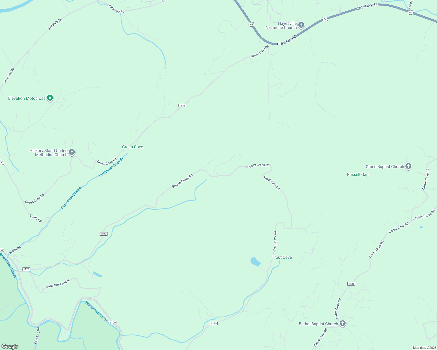 map of restaurants, bars, coffee shops, grocery stores, and more near 2079 Greasy Creek Road in Brasstown