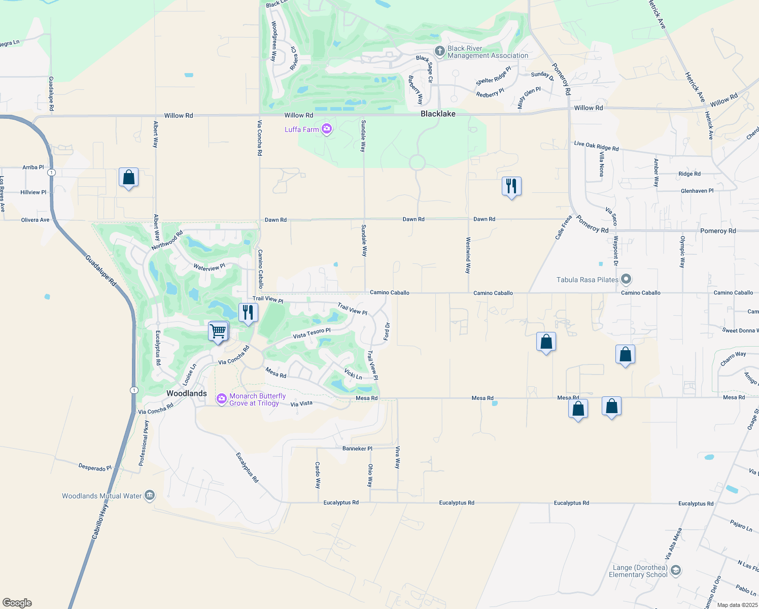 map of restaurants, bars, coffee shops, grocery stores, and more near 1024 Maggie Lane in Nipomo