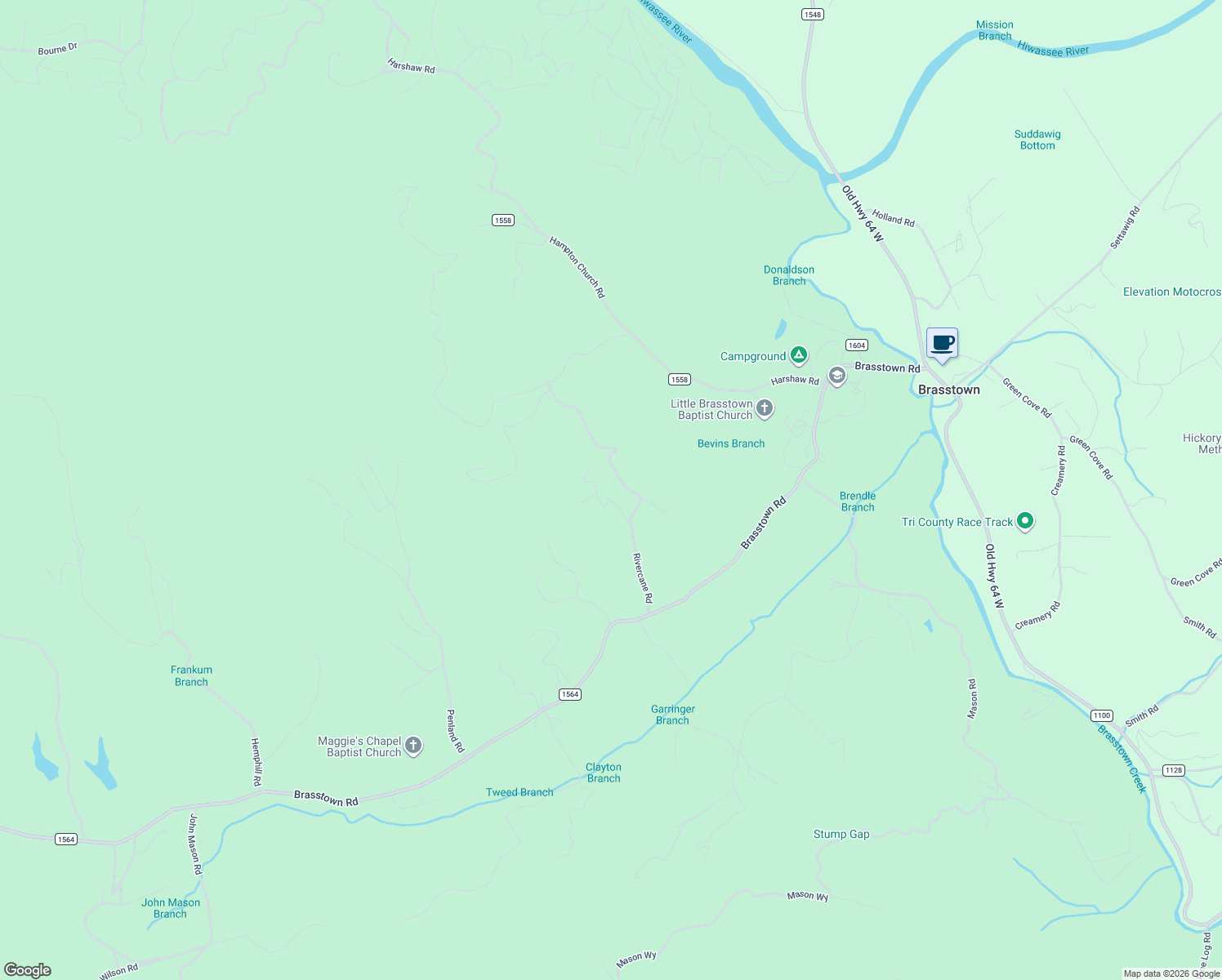 map of restaurants, bars, coffee shops, grocery stores, and more near 412 Rivercane Road in Brasstown
