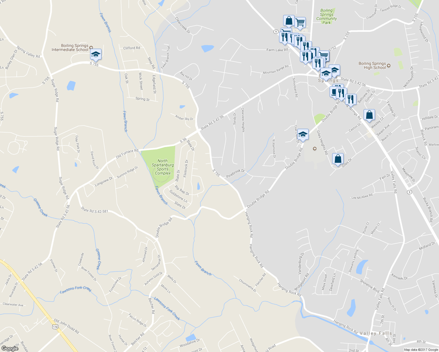 map of restaurants, bars, coffee shops, grocery stores, and more near Hanging Rock Road in Boiling Springs