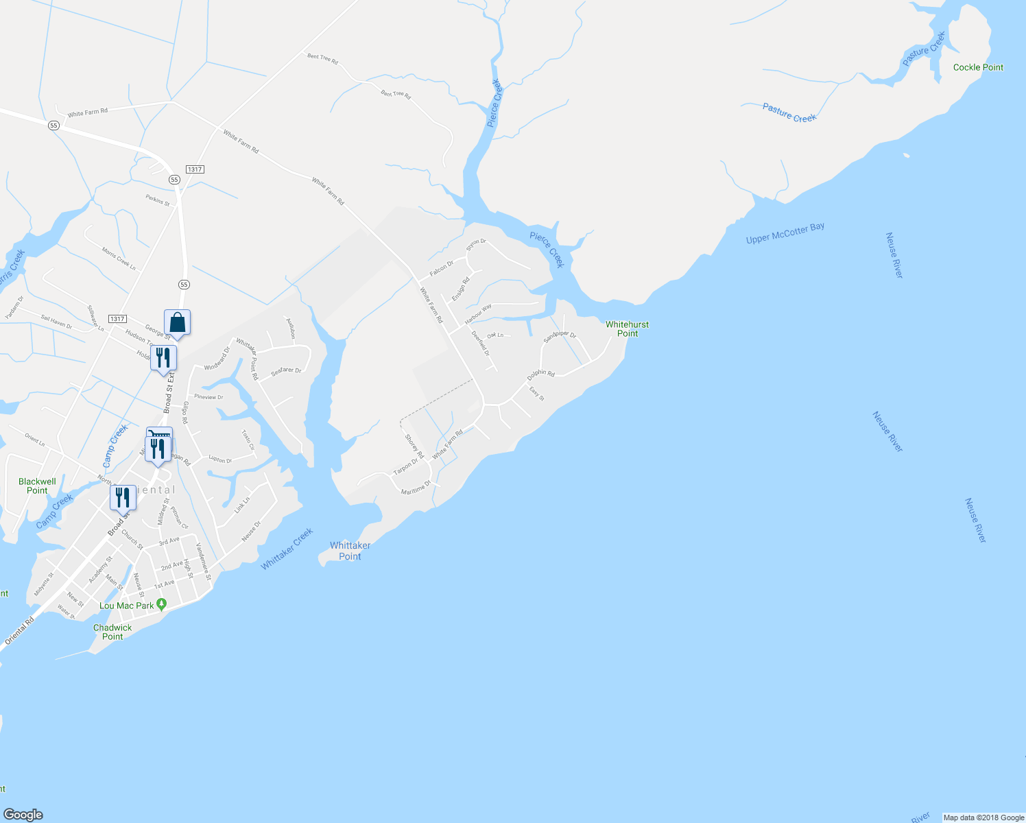 map of restaurants, bars, coffee shops, grocery stores, and more near 5302 Bogue Drive in Oriental