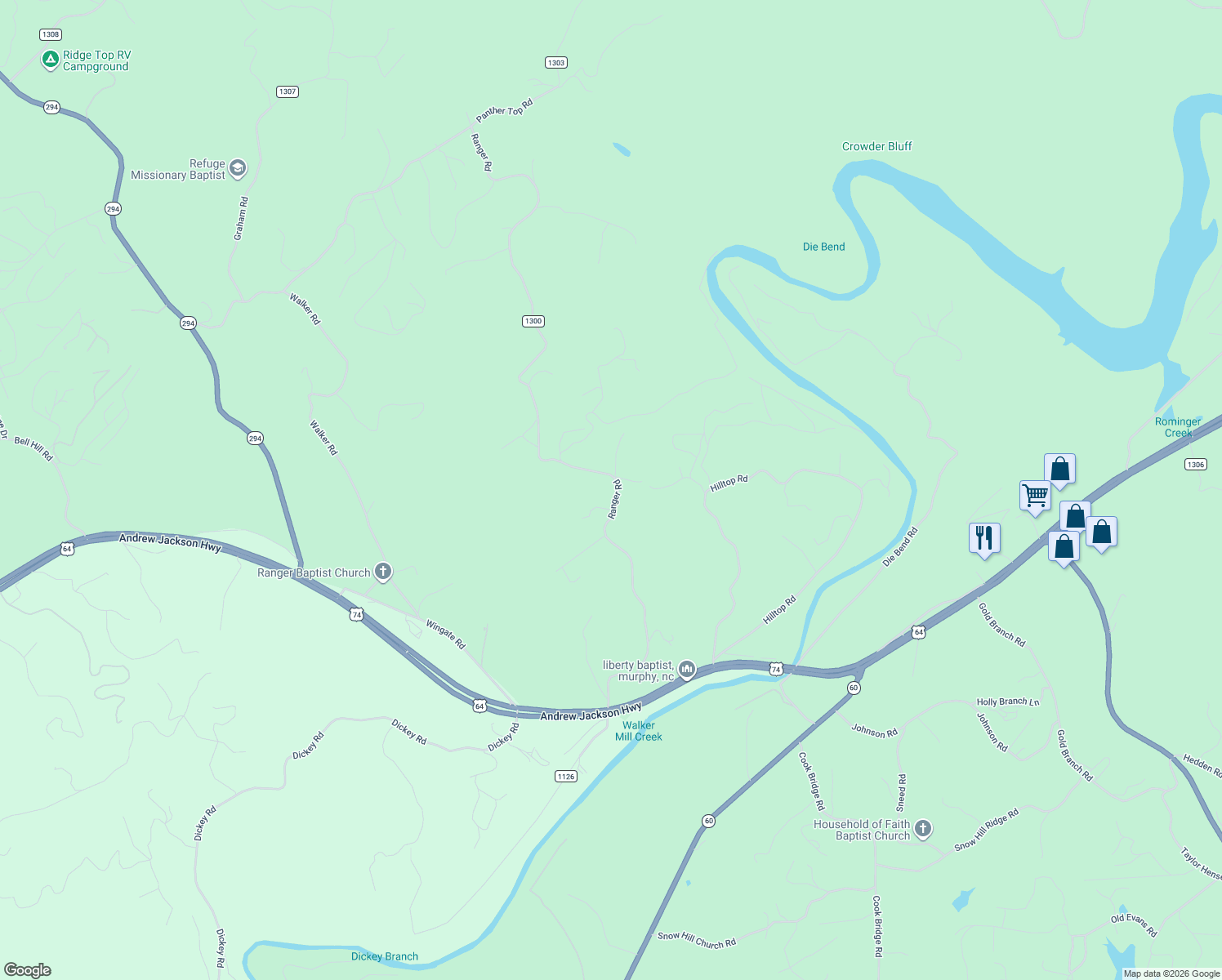 map of restaurants, bars, coffee shops, grocery stores, and more near 775 Ranger Road in Murphy