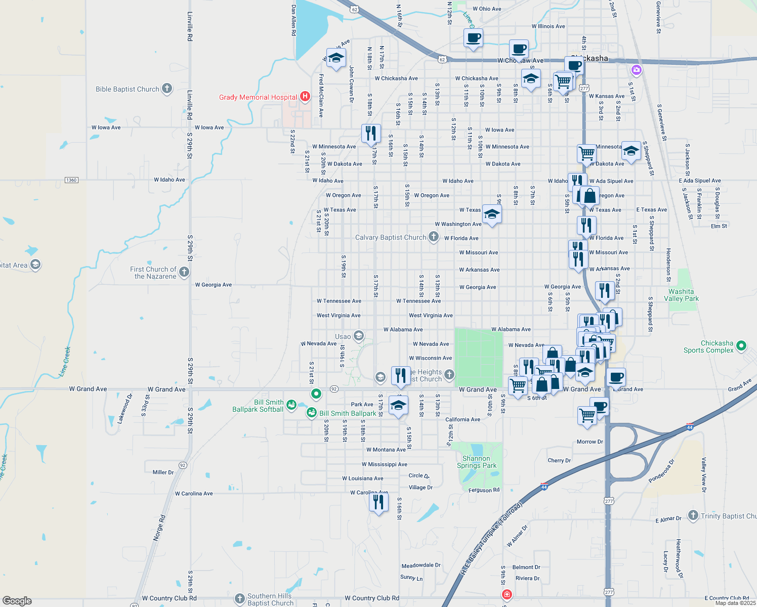 map of restaurants, bars, coffee shops, grocery stores, and more near 1501 South 17th Street in Chickasha