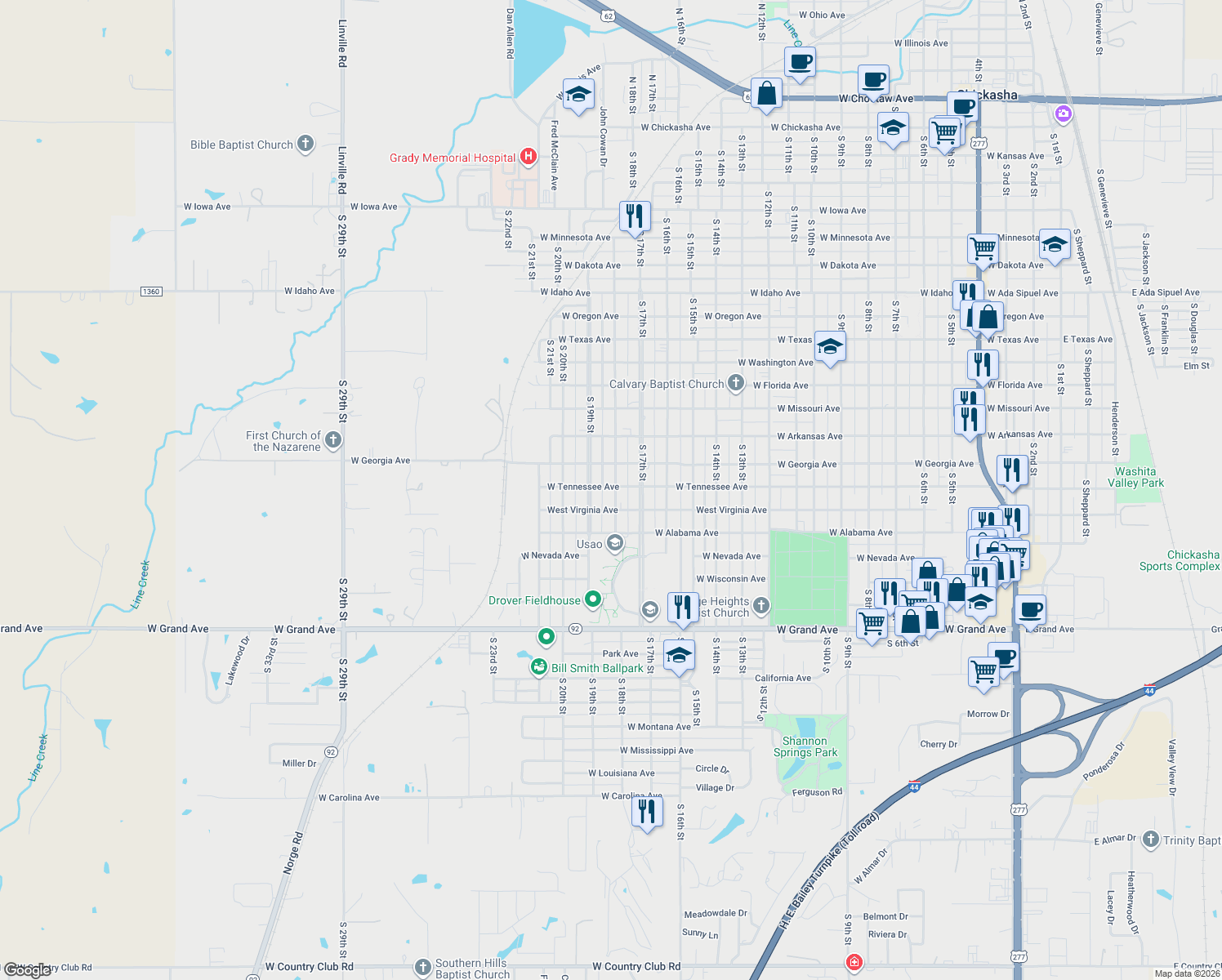 map of restaurants, bars, coffee shops, grocery stores, and more near 1502 S 18th St in Chickasha