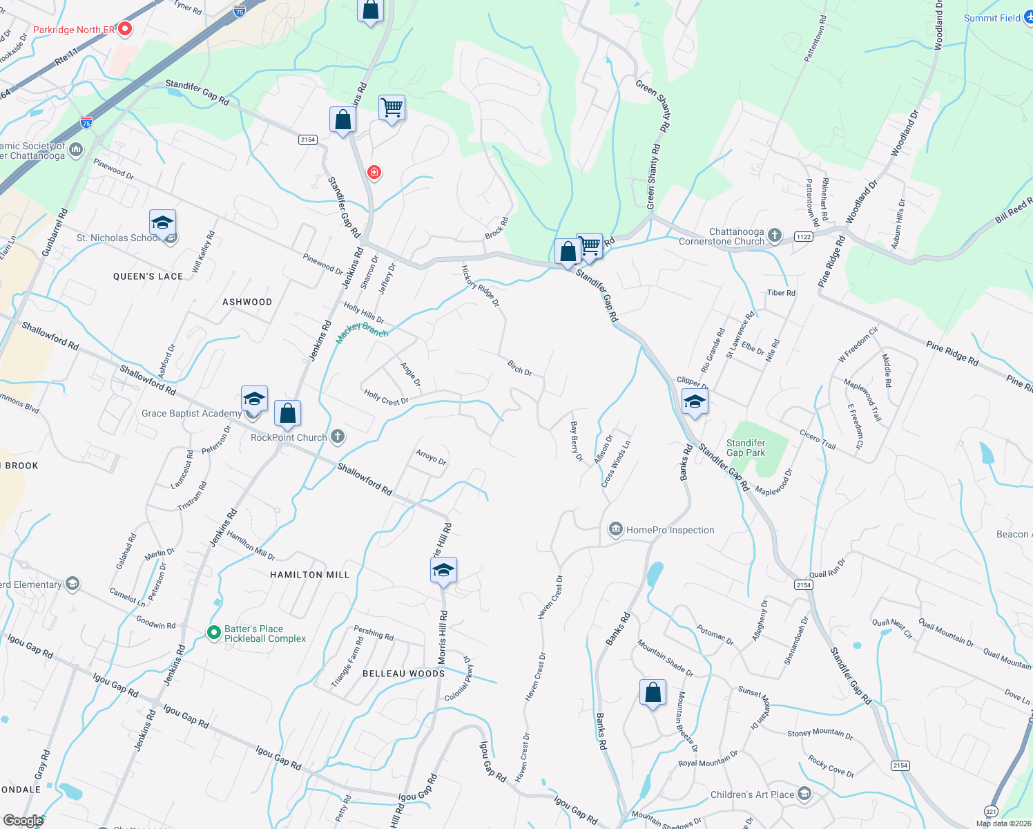 map of restaurants, bars, coffee shops, grocery stores, and more near 2334 Jennifer Drive in Chattanooga