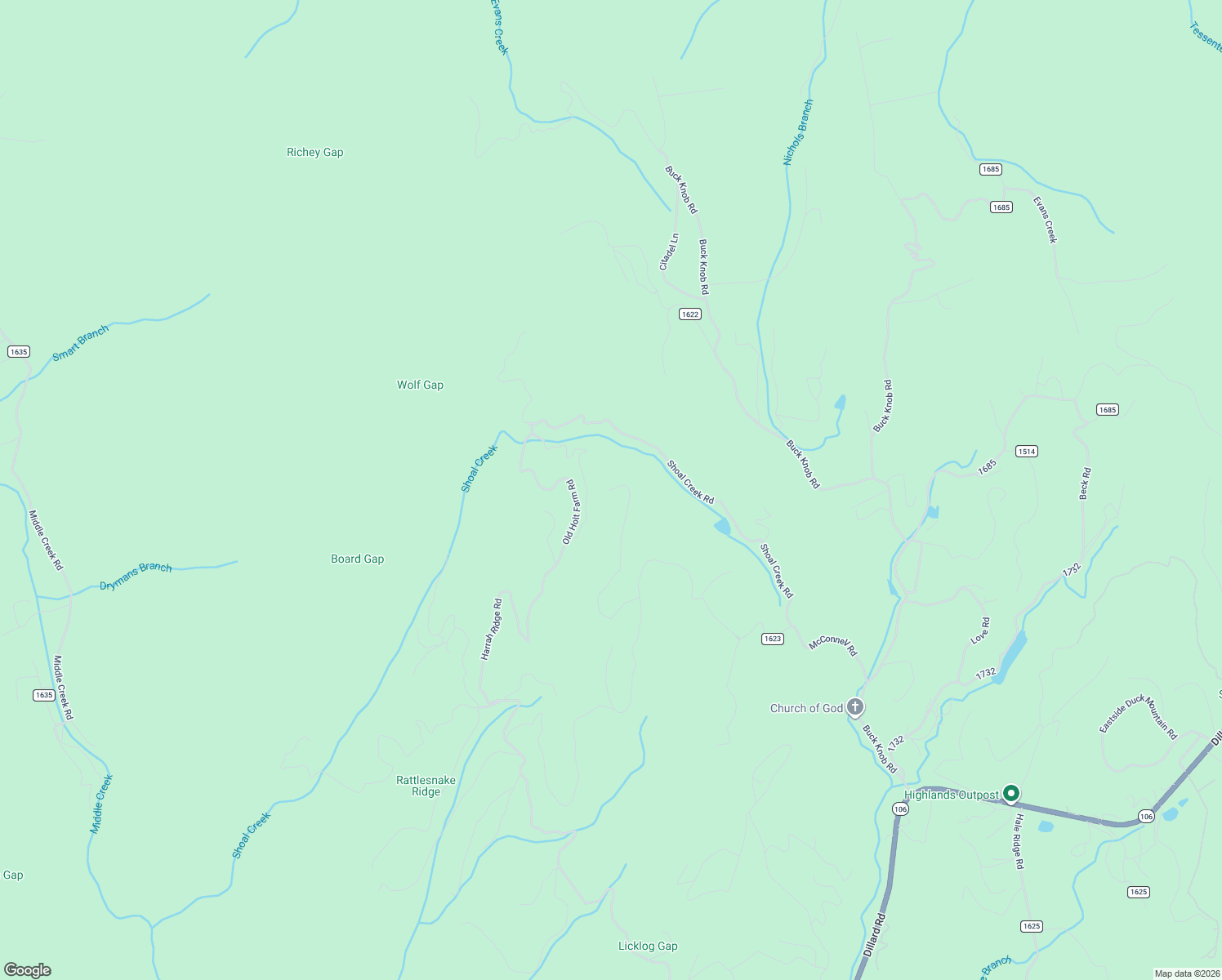 map of restaurants, bars, coffee shops, grocery stores, and more near 716 High Point View in Scaly Mountain
