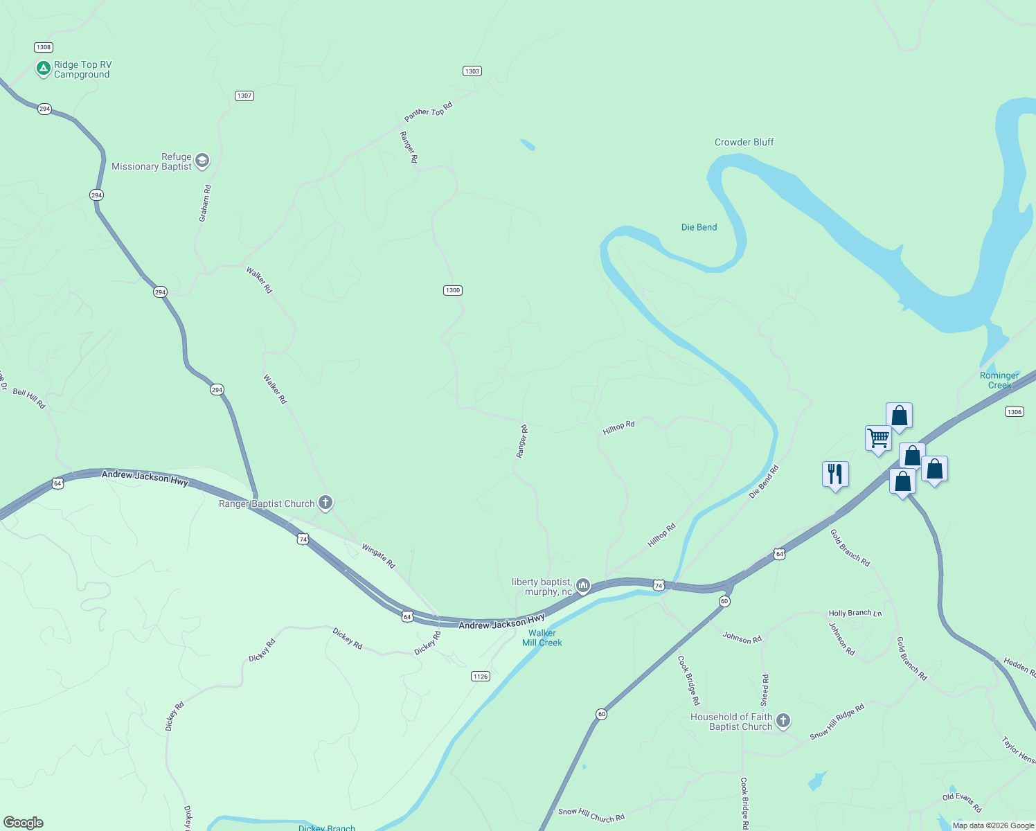 map of restaurants, bars, coffee shops, grocery stores, and more near 775 Ranger Road in Murphy