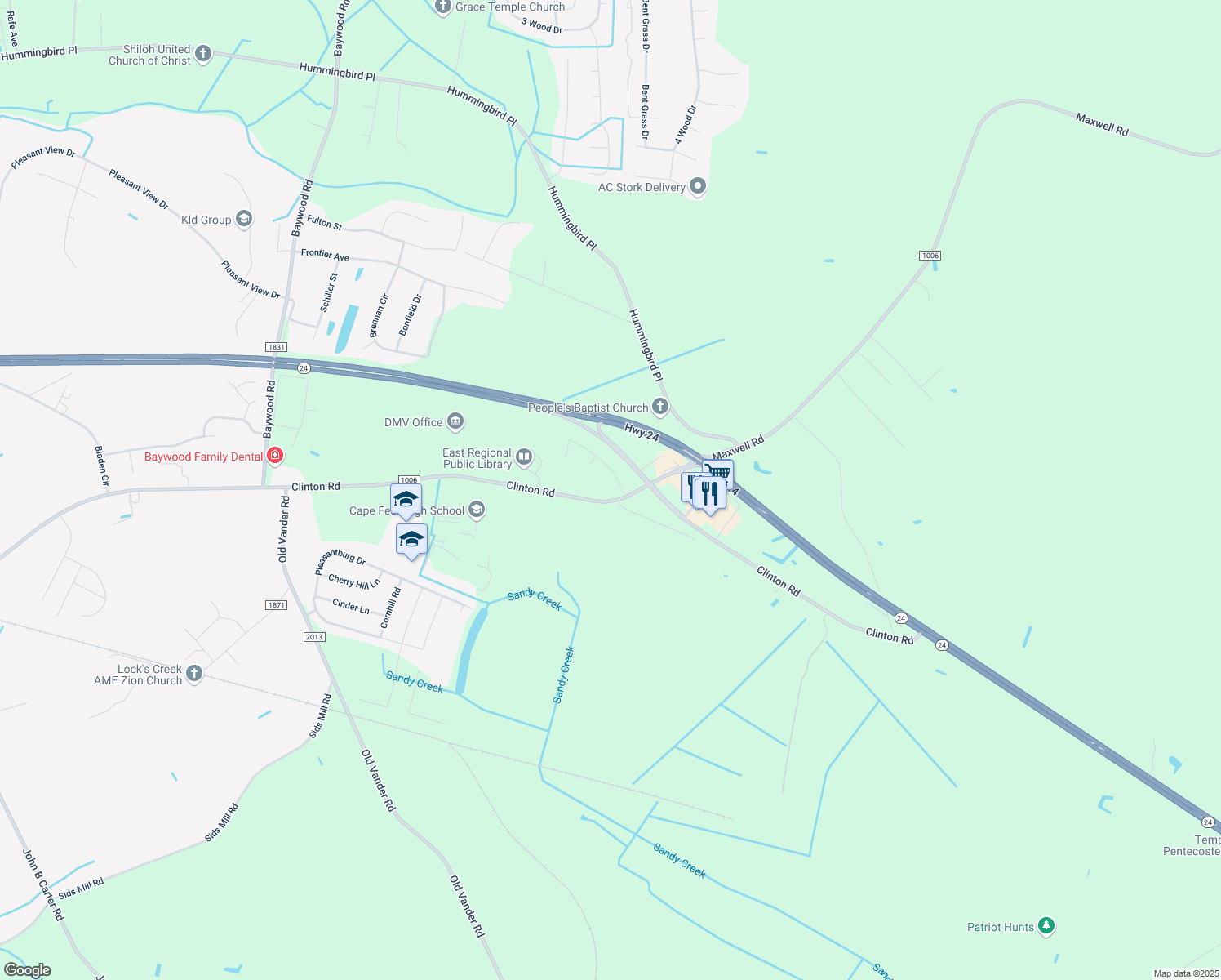 map of restaurants, bars, coffee shops, grocery stores, and more near 4945 Clinton Road in Stedman
