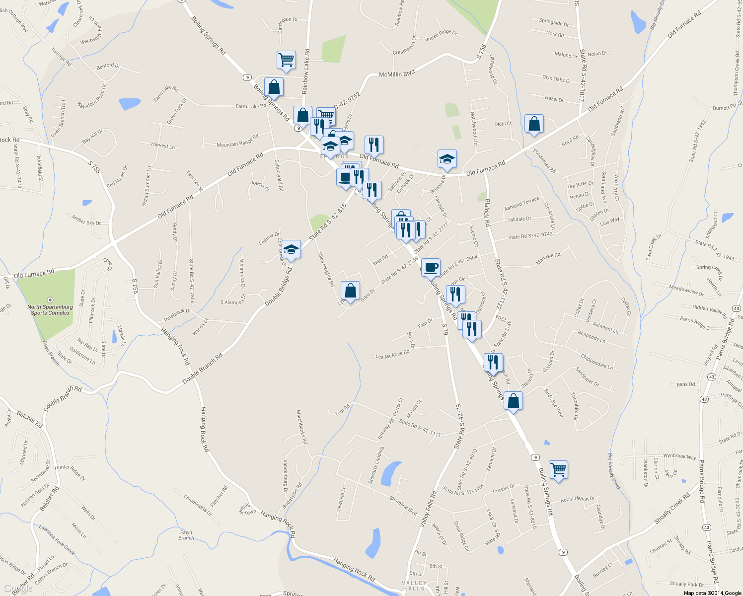 map of restaurants, bars, coffee shops, grocery stores, and more near 253 Giles Drive in Boiling Springs