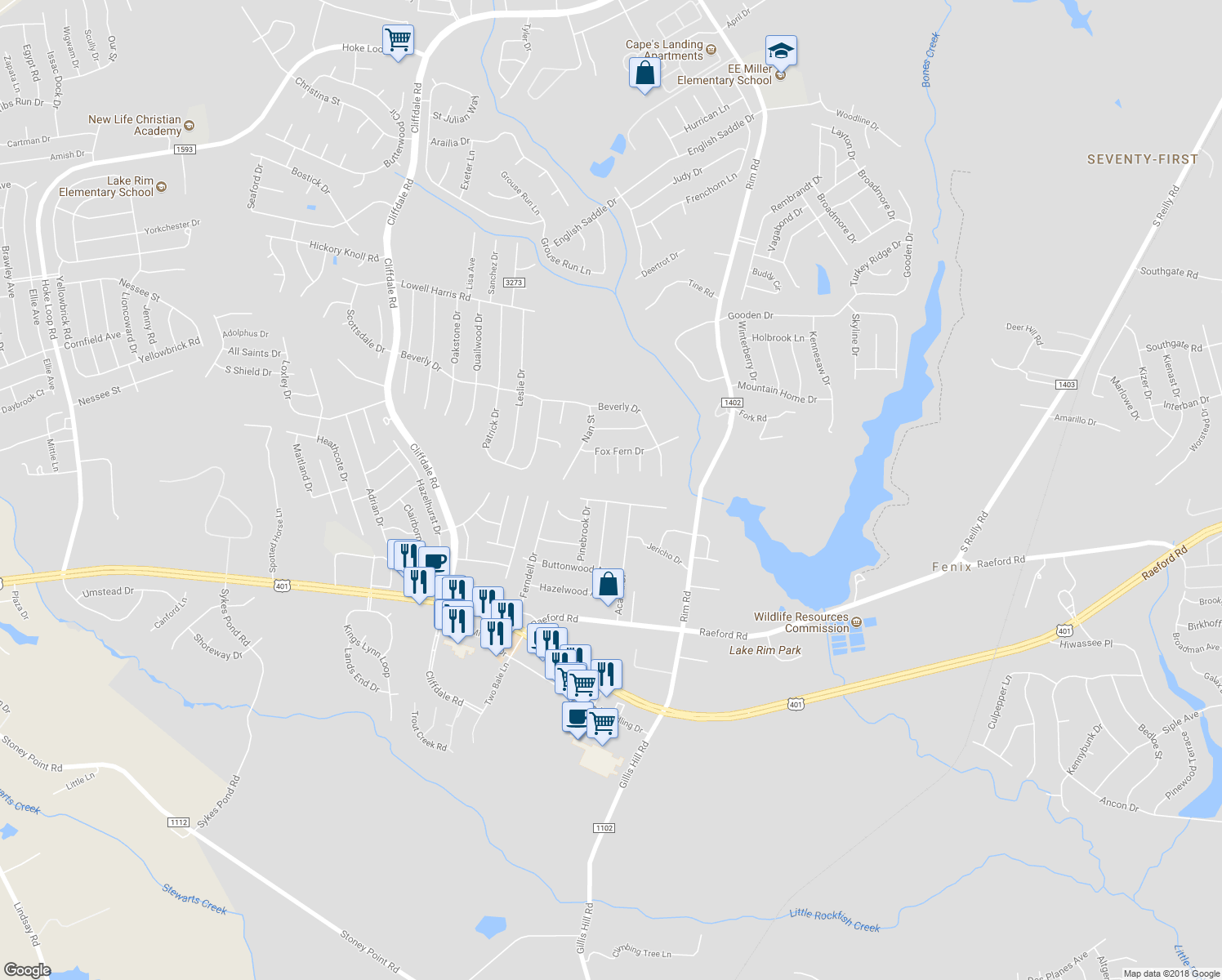 map of restaurants, bars, coffee shops, grocery stores, and more near 7748 Redwood Avenue in Fayetteville