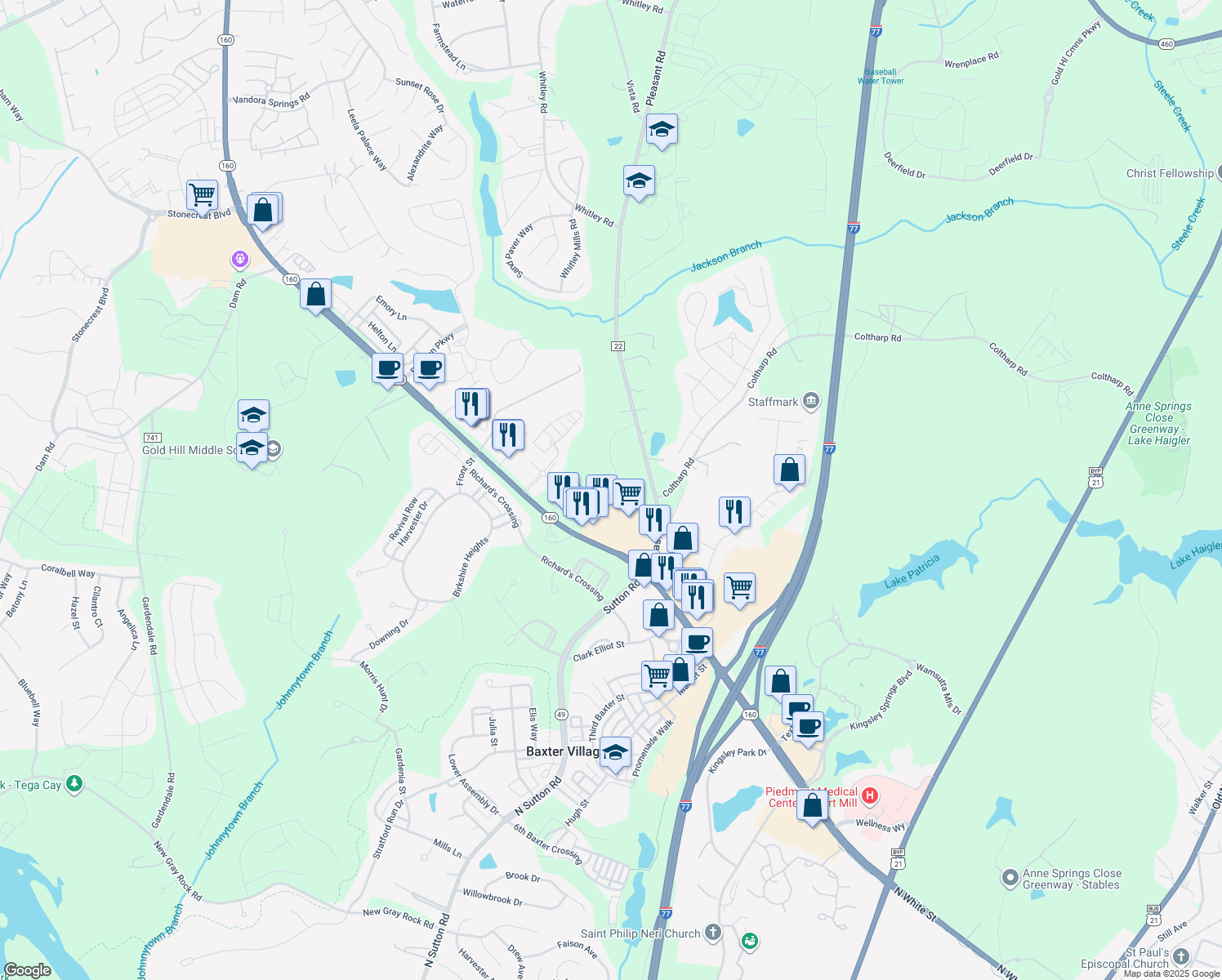 map of restaurants, bars, coffee shops, grocery stores, and more near 1803 Willis Court in Fort Mill
