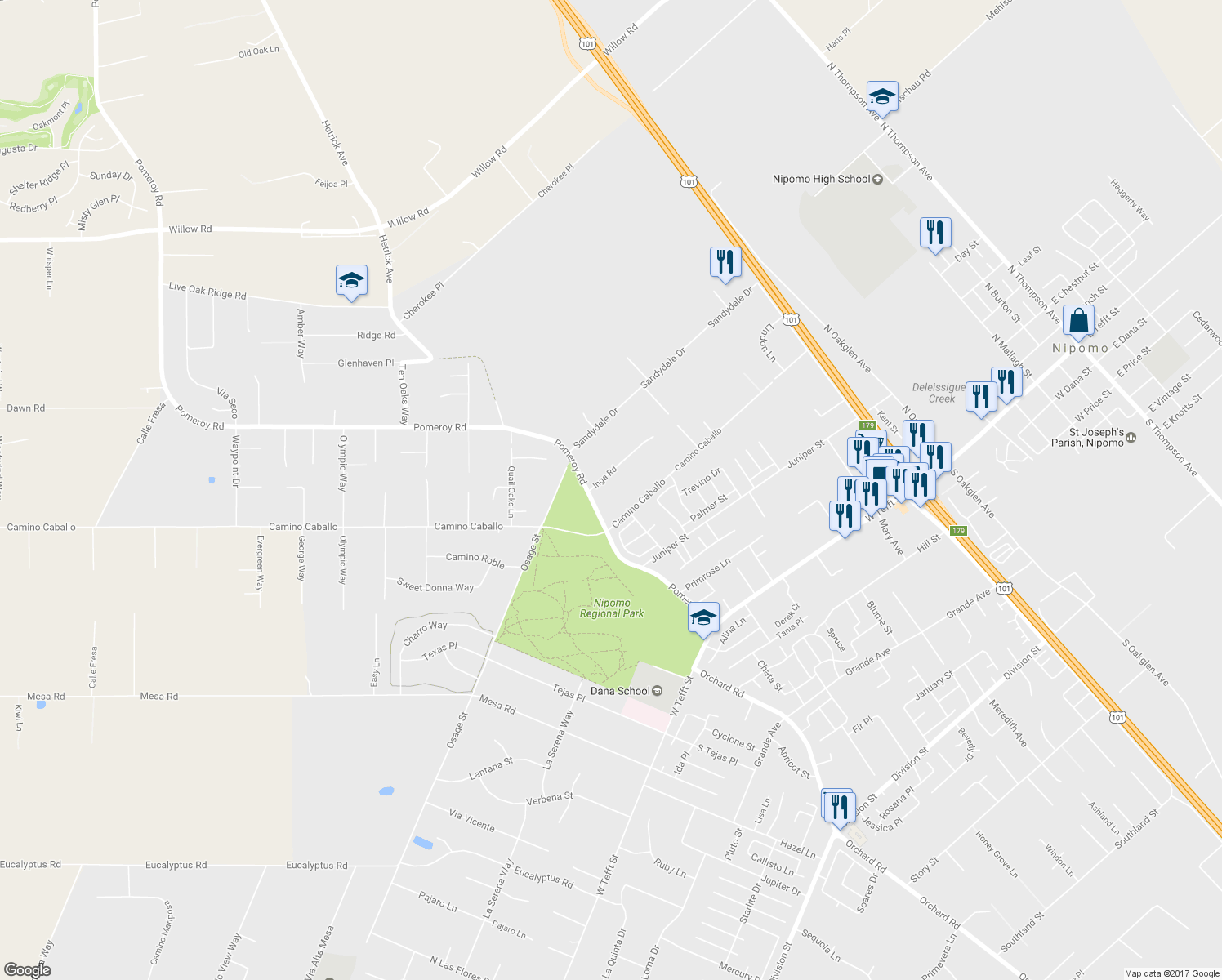 map of restaurants, bars, coffee shops, grocery stores, and more near 875 Inga Road in Nipomo