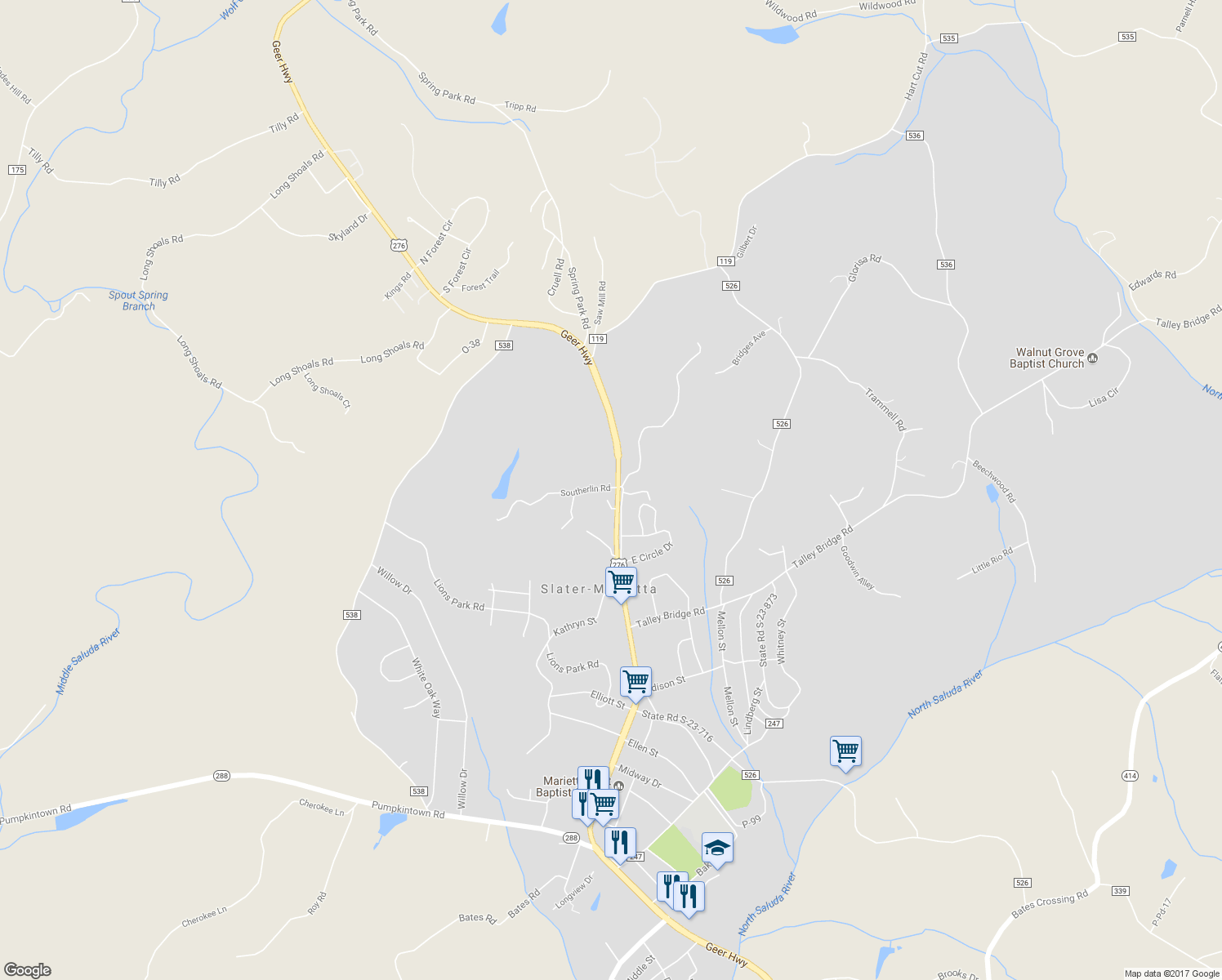 map of restaurants, bars, coffee shops, grocery stores, and more near 3255 Southerlin Road in Slater-Marietta