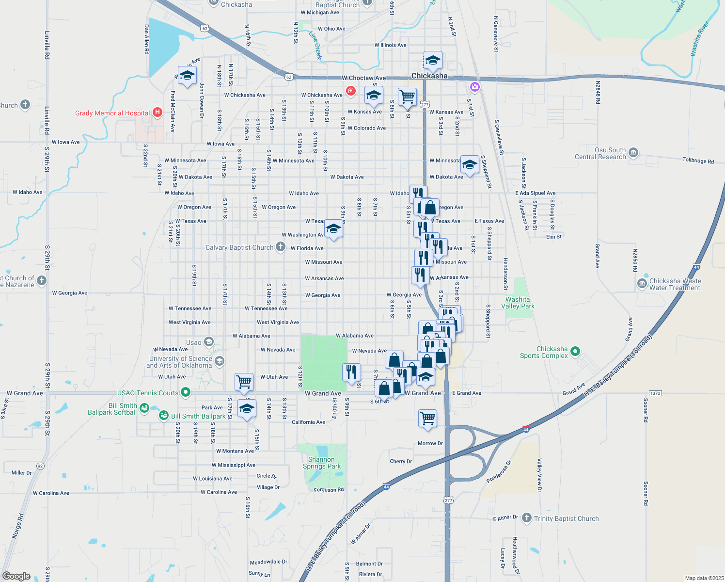 map of restaurants, bars, coffee shops, grocery stores, and more near 1325 South 8th Street in Chickasha