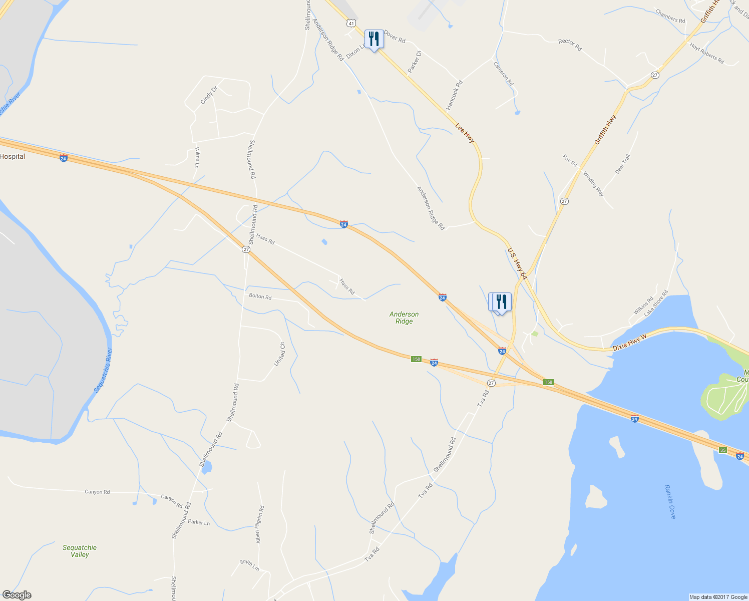 map of restaurants, bars, coffee shops, grocery stores, and more near 764 Hass Road in Jasper