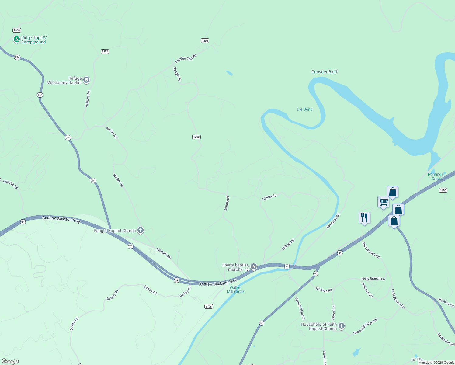 map of restaurants, bars, coffee shops, grocery stores, and more near 834 Ranger Road in Murphy
