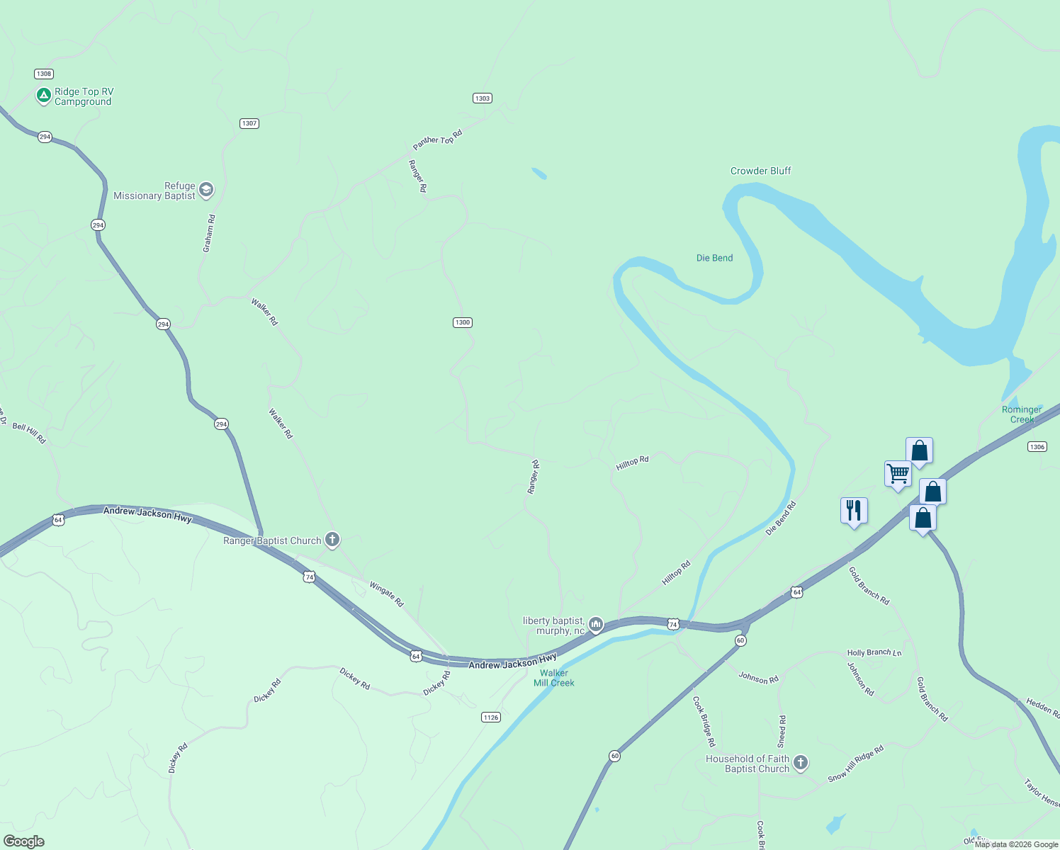 map of restaurants, bars, coffee shops, grocery stores, and more near 834 Ranger Road in Murphy