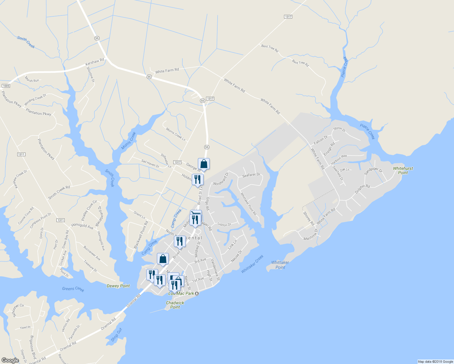 map of restaurants, bars, coffee shops, grocery stores, and more near 614 Windward Drive in Oriental