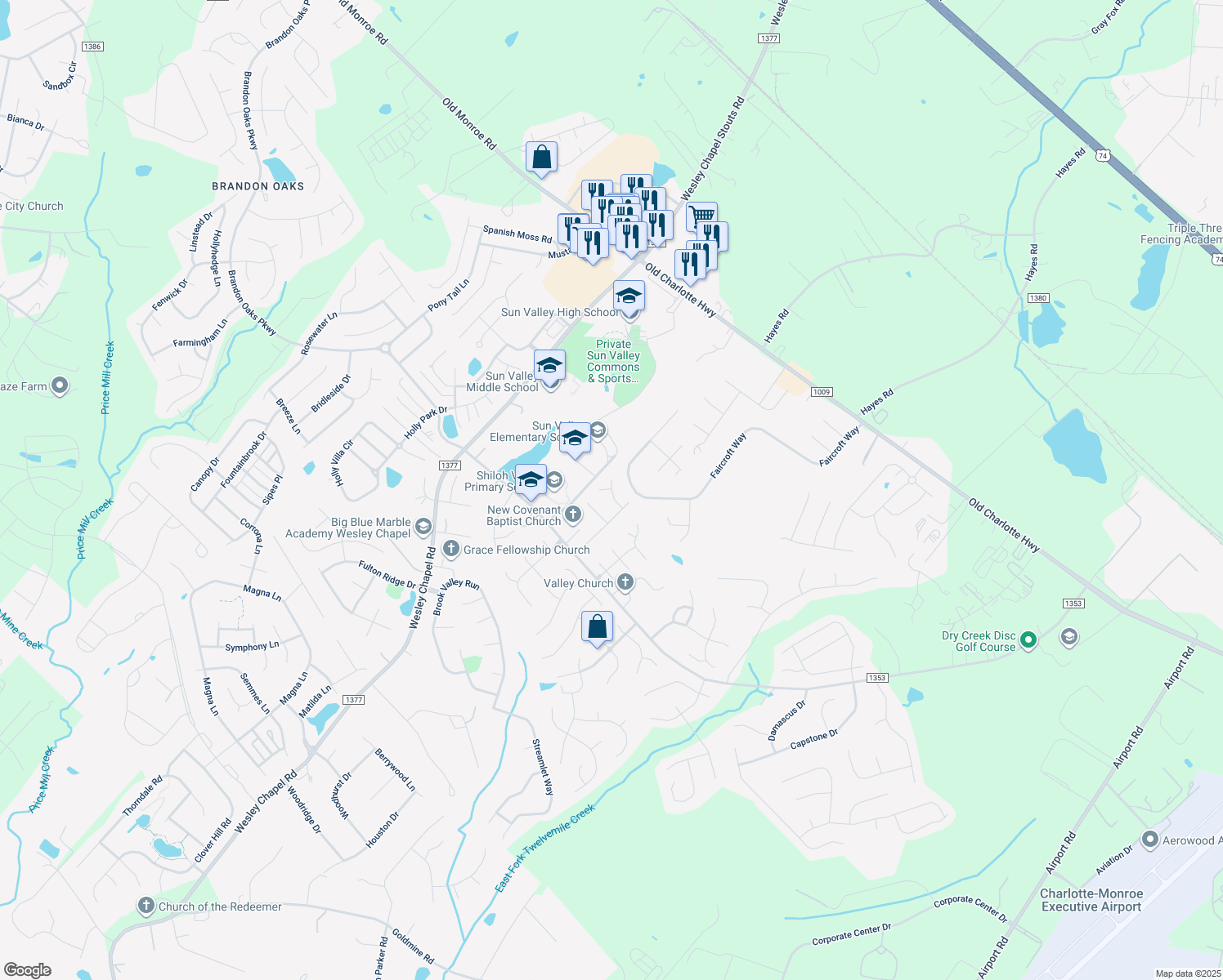 map of restaurants, bars, coffee shops, grocery stores, and more near 2598 Justin Court in Monroe