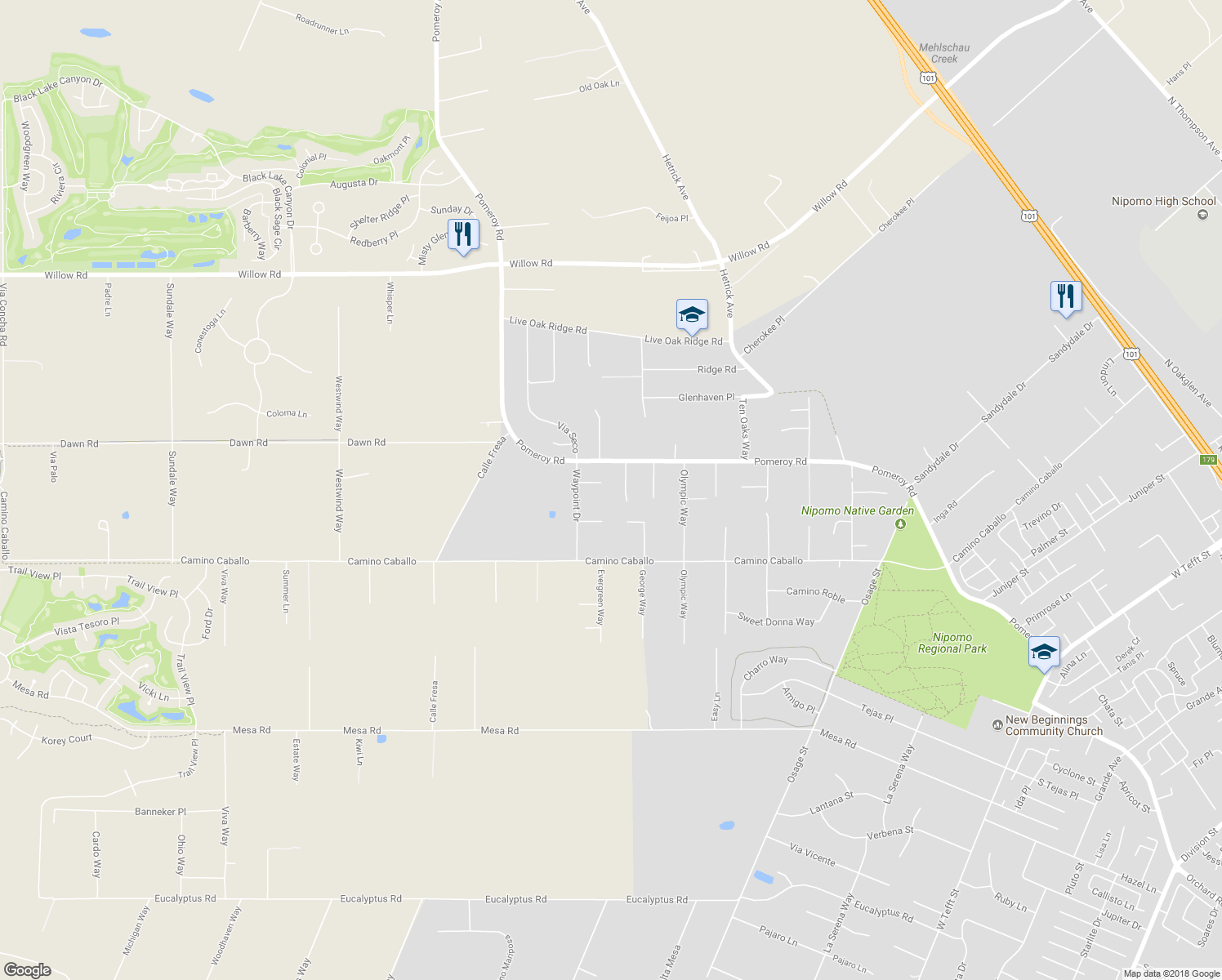 map of restaurants, bars, coffee shops, grocery stores, and more near 863 Peggy Lee Court in Nipomo