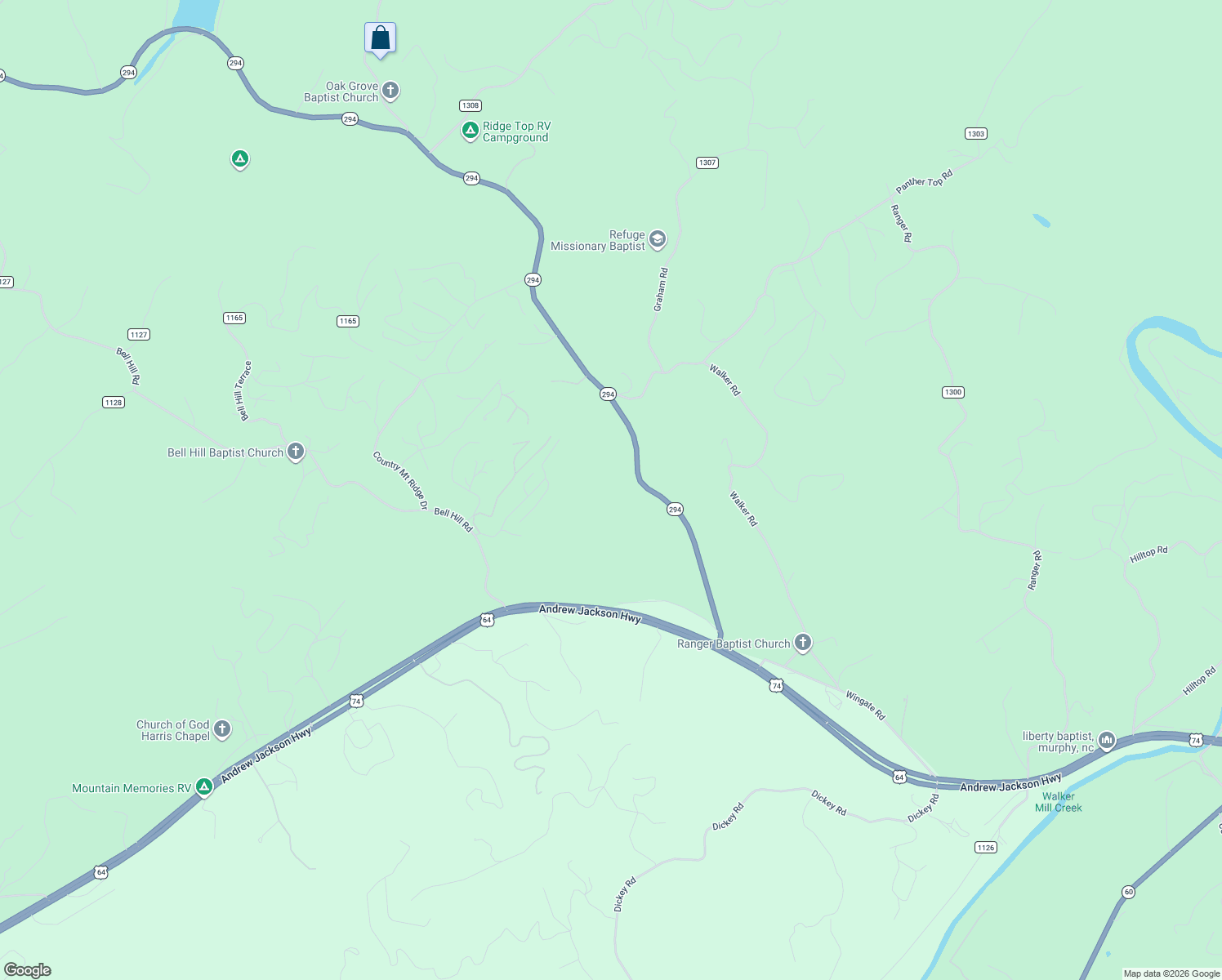 map of restaurants, bars, coffee shops, grocery stores, and more near 555 North Carolina 294 in Murphy