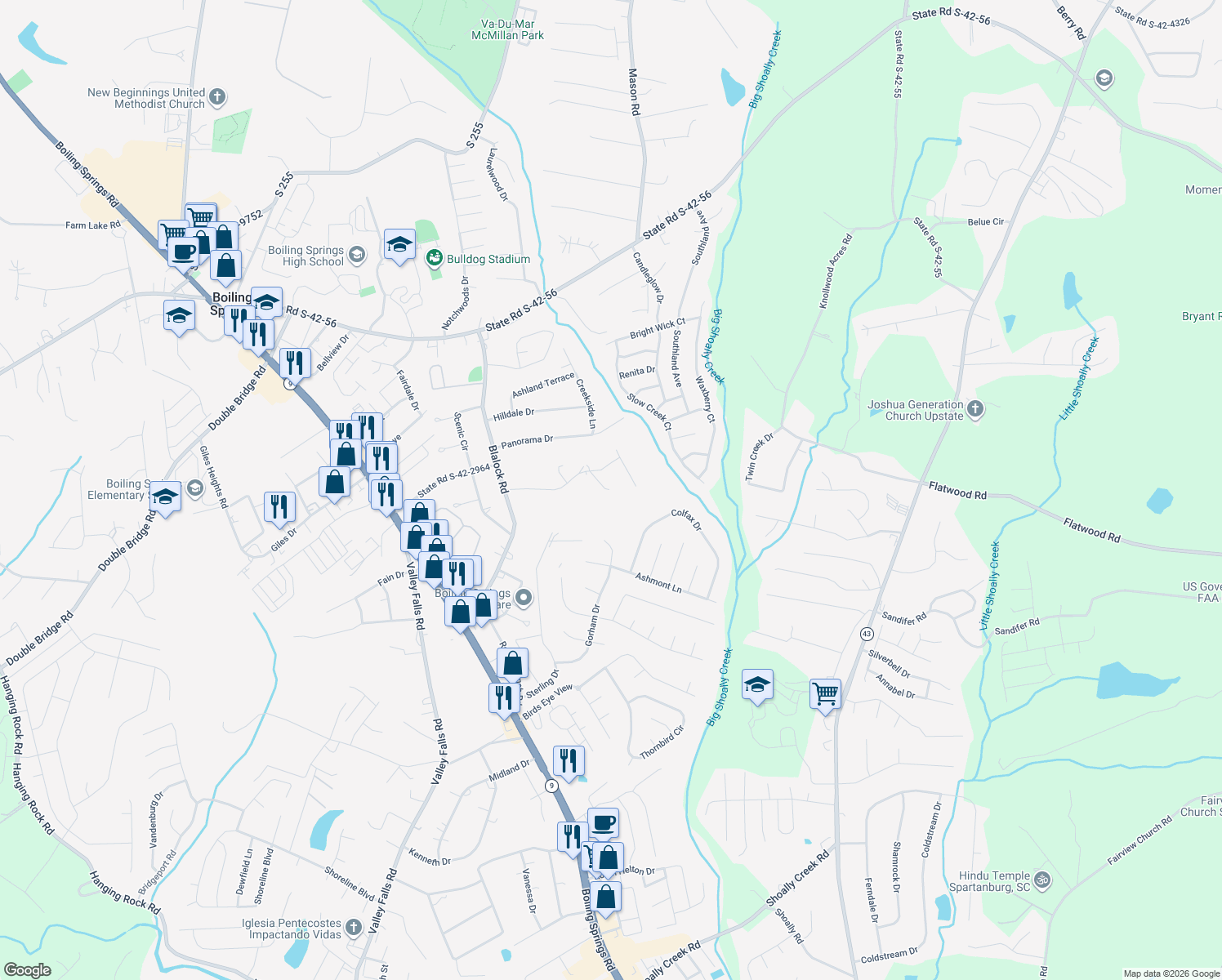 map of restaurants, bars, coffee shops, grocery stores, and more near 334 Marlowe Road in Boiling Springs