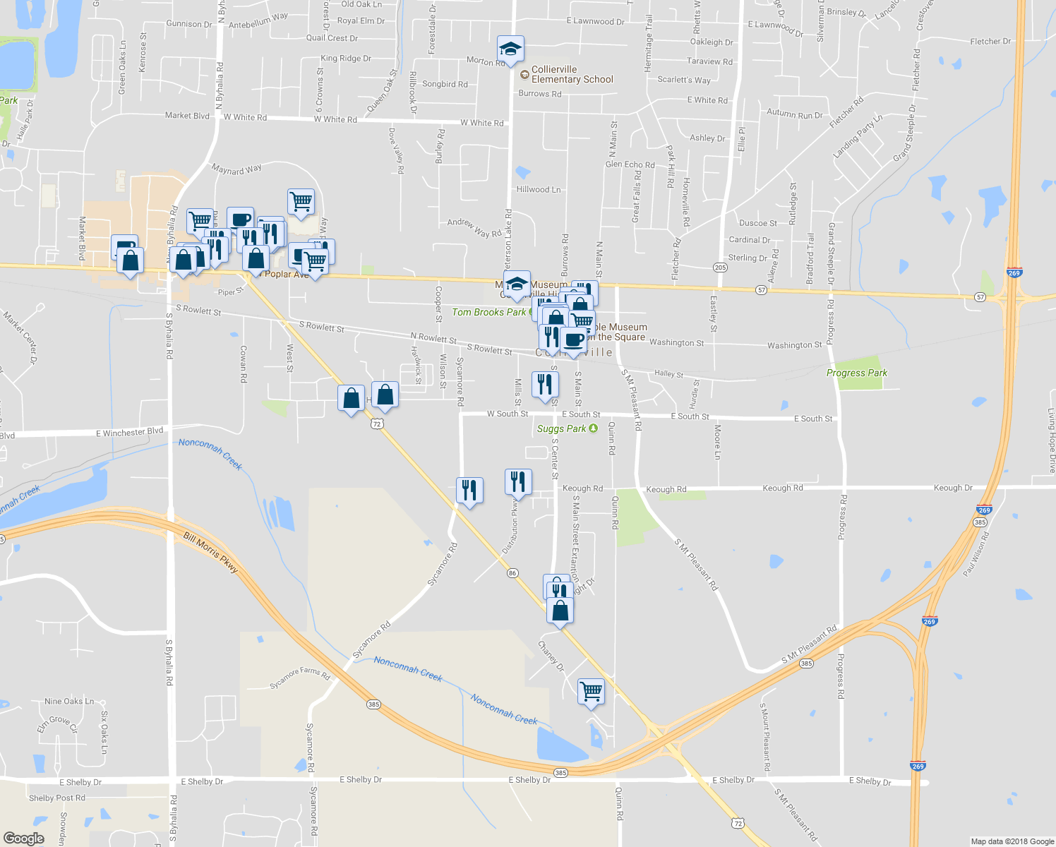 map of restaurants, bars, coffee shops, grocery stores, and more near 245 Carolton Cove in Collierville
