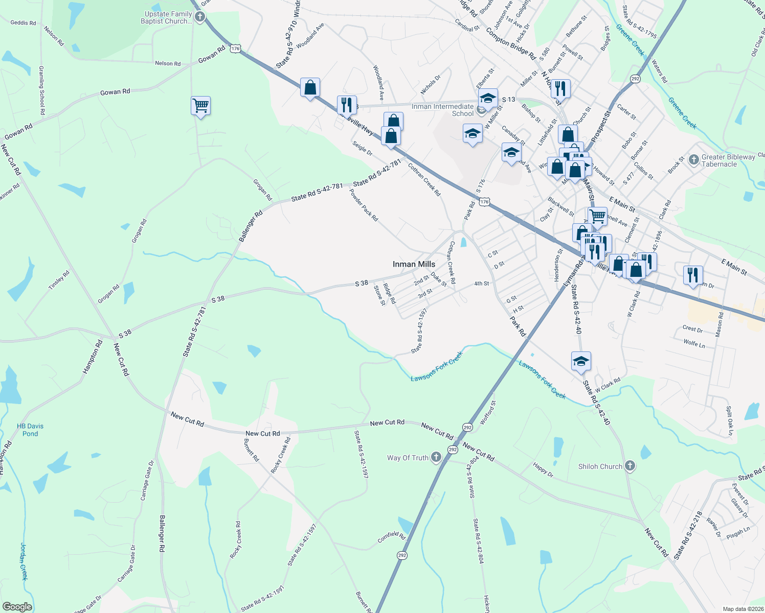 map of restaurants, bars, coffee shops, grocery stores, and more near 14 Stone Street in Inman