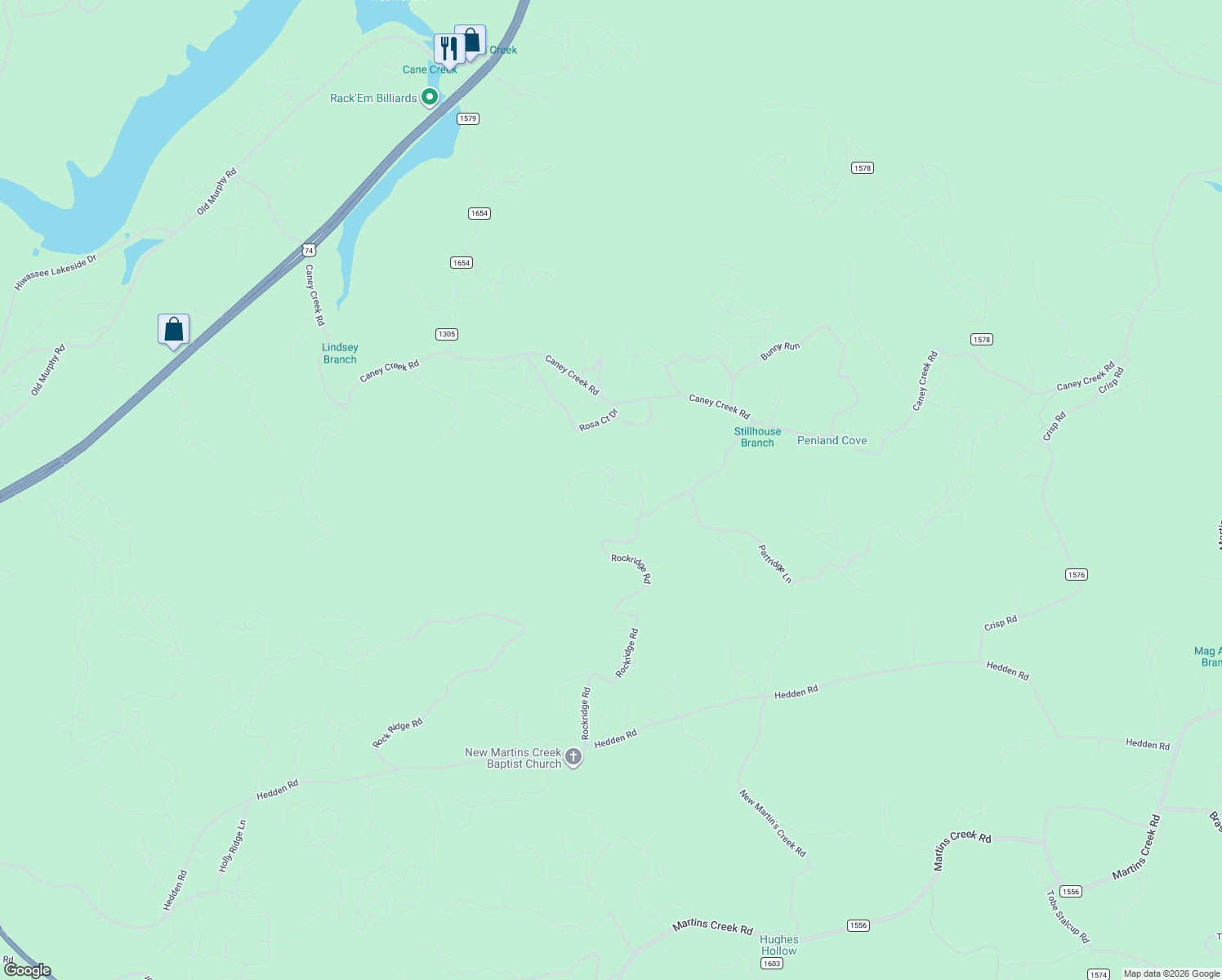 map of restaurants, bars, coffee shops, grocery stores, and more near 224 Windy Mountain Peak in Murphy