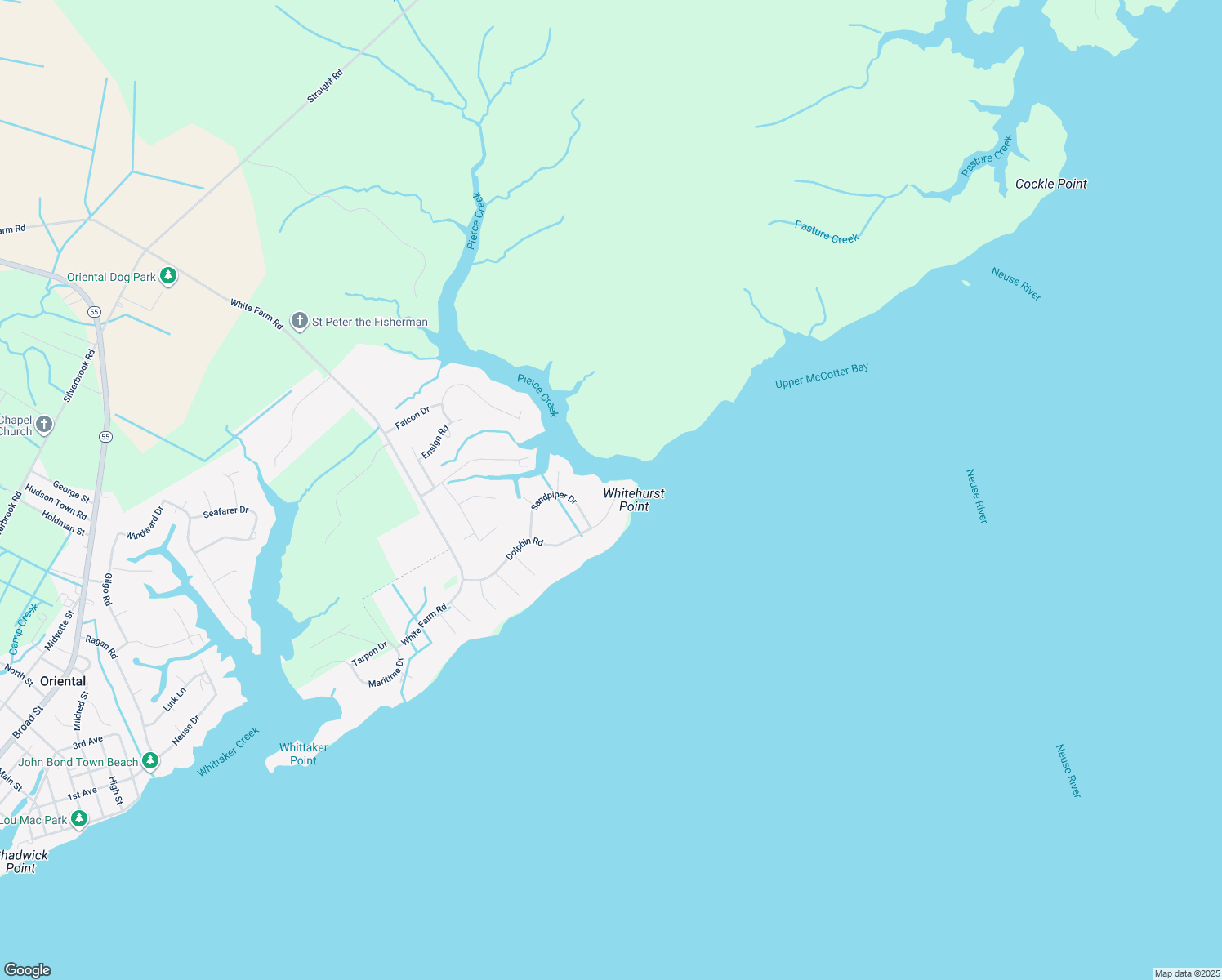 map of restaurants, bars, coffee shops, grocery stores, and more near 6047 Dolphin Road in Oriental