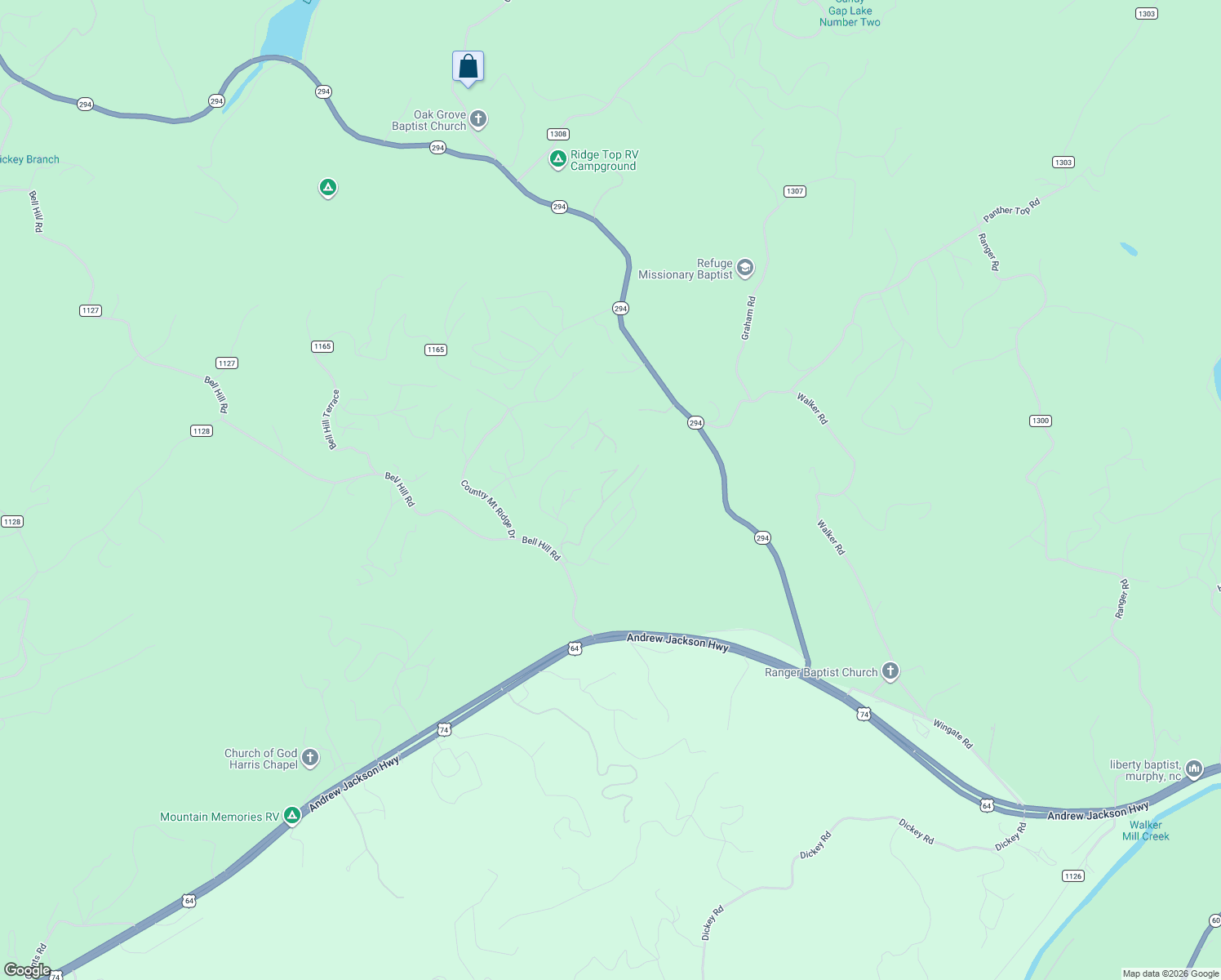 map of restaurants, bars, coffee shops, grocery stores, and more near 335 Fern Forest Trail in Murphy