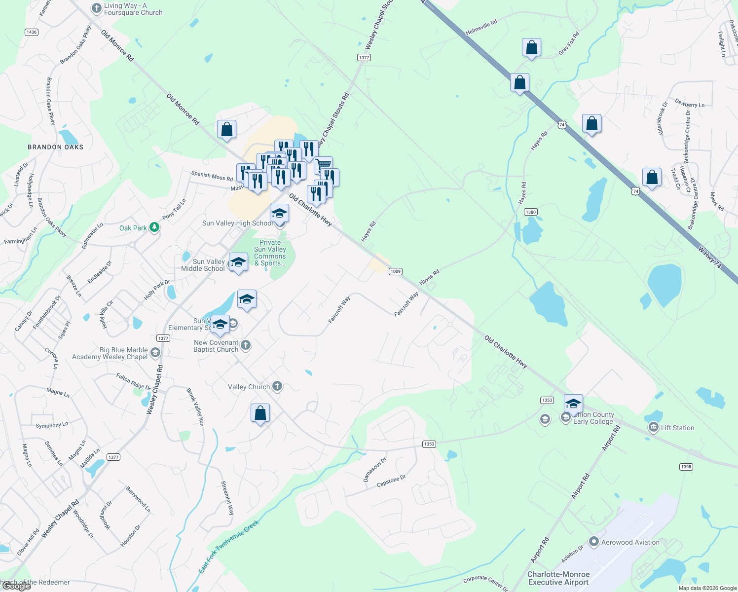map of restaurants, bars, coffee shops, grocery stores, and more near 2923 Faircroft Way in Monroe