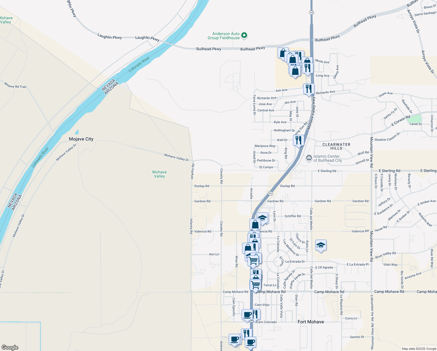 map of restaurants, bars, coffee shops, grocery stores, and more near 4015 Cavalry Rd in Fort Mohave