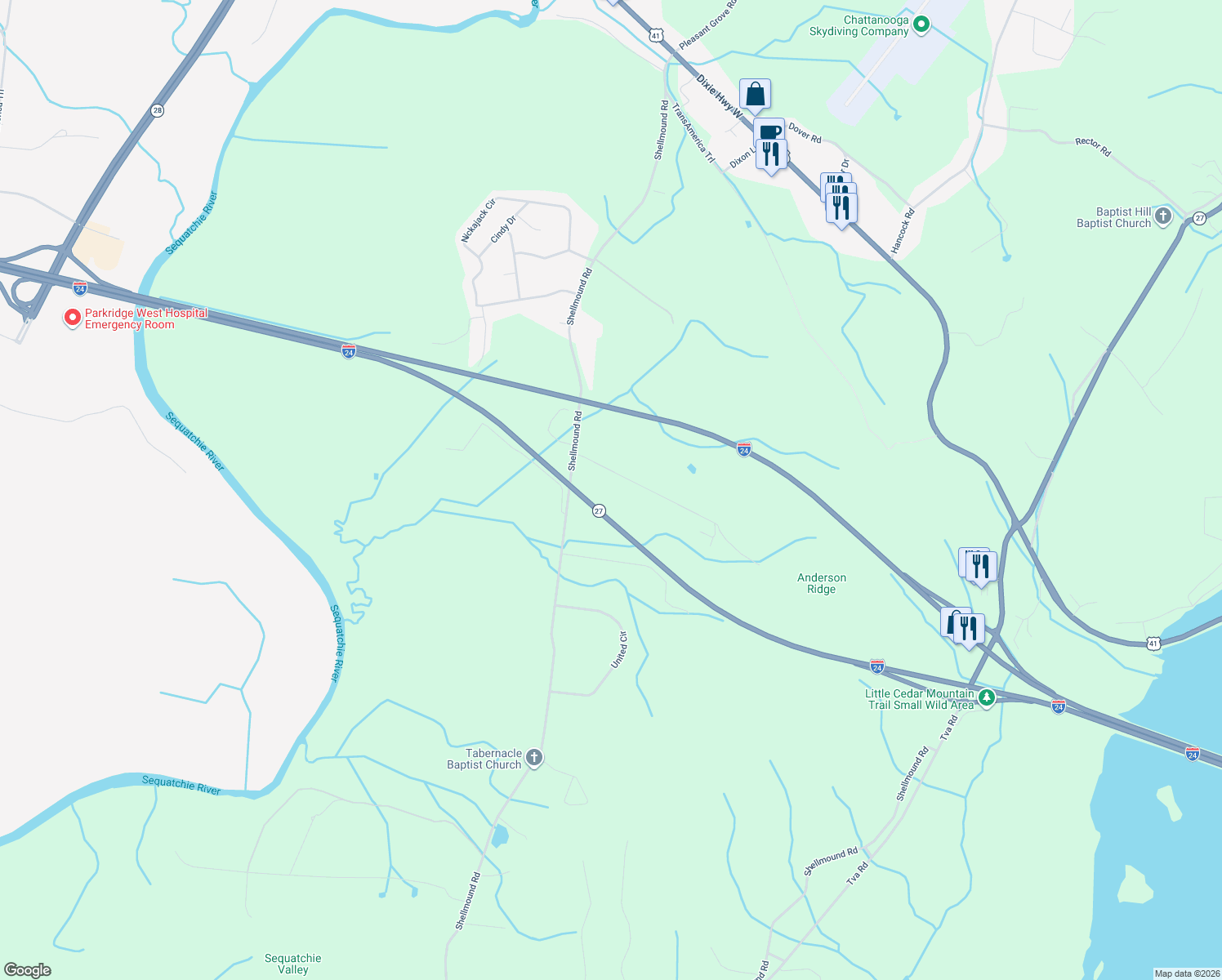 map of restaurants, bars, coffee shops, grocery stores, and more near 226 Hass Road in Jasper