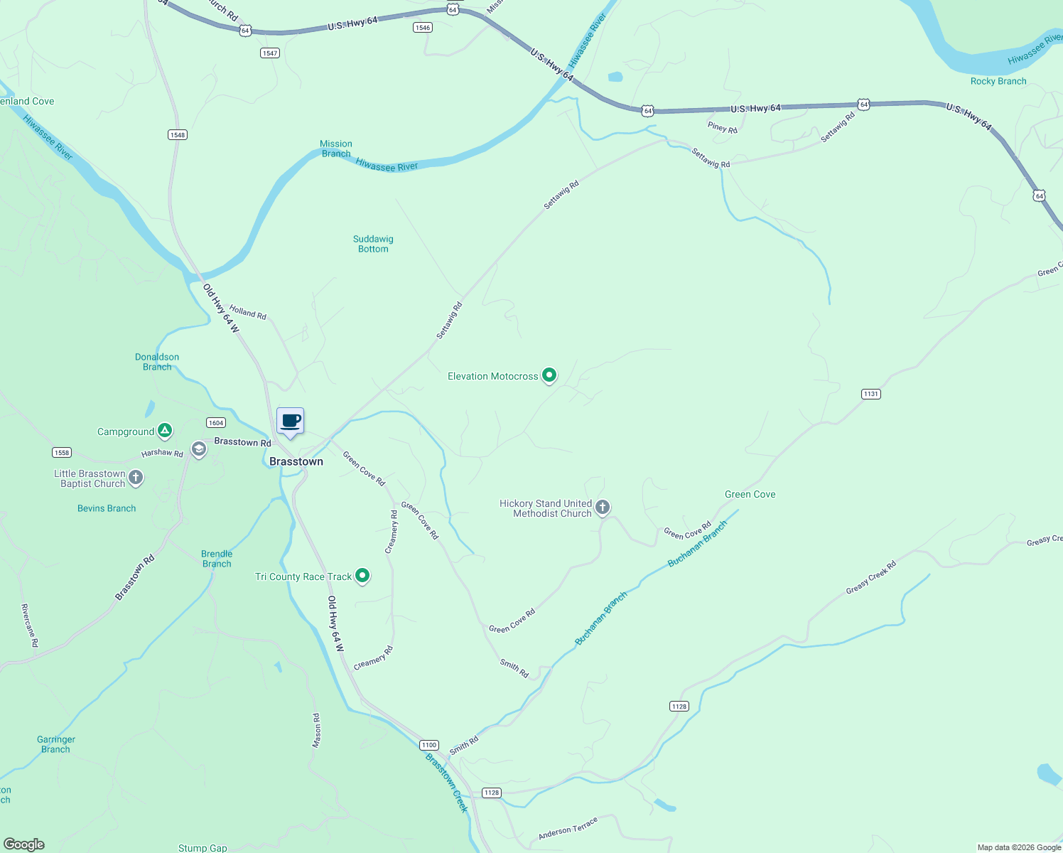 map of restaurants, bars, coffee shops, grocery stores, and more near 618 Dog Branch Road in Brasstown