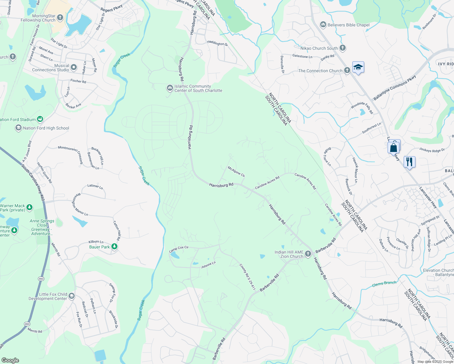 map of restaurants, bars, coffee shops, grocery stores, and more near 11208 Harrisburg Road in Fort Mill
