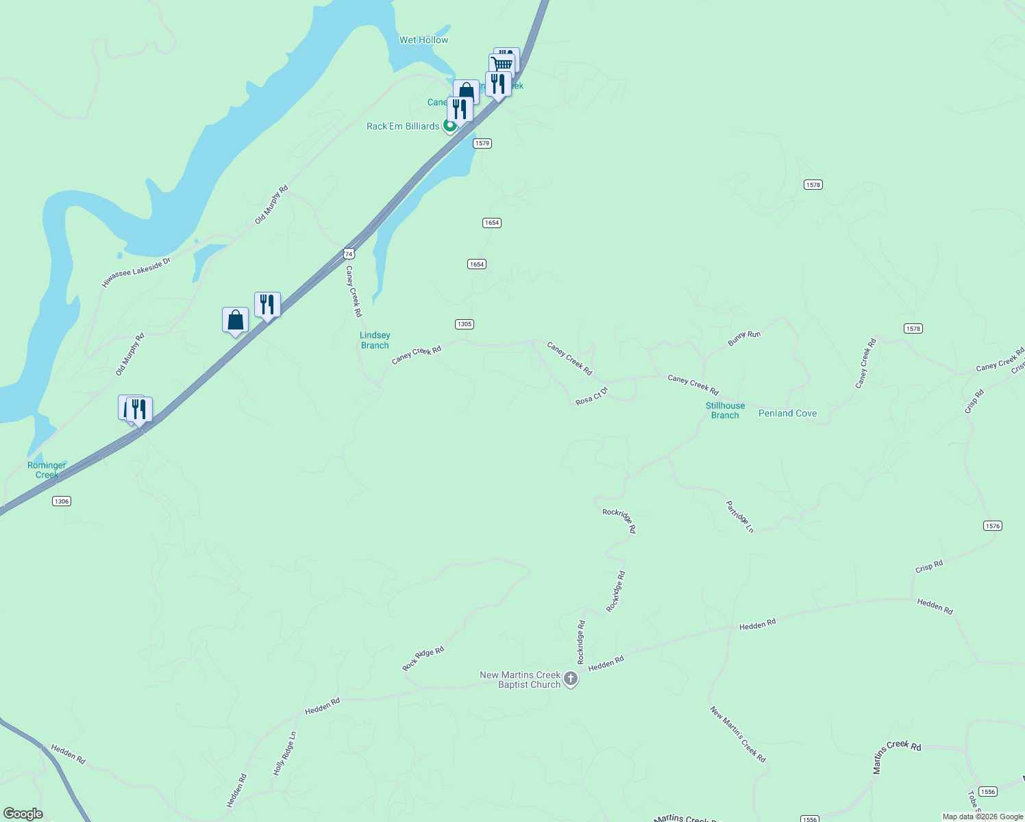 map of restaurants, bars, coffee shops, grocery stores, and more near 295 Game Bird Lane in Murphy