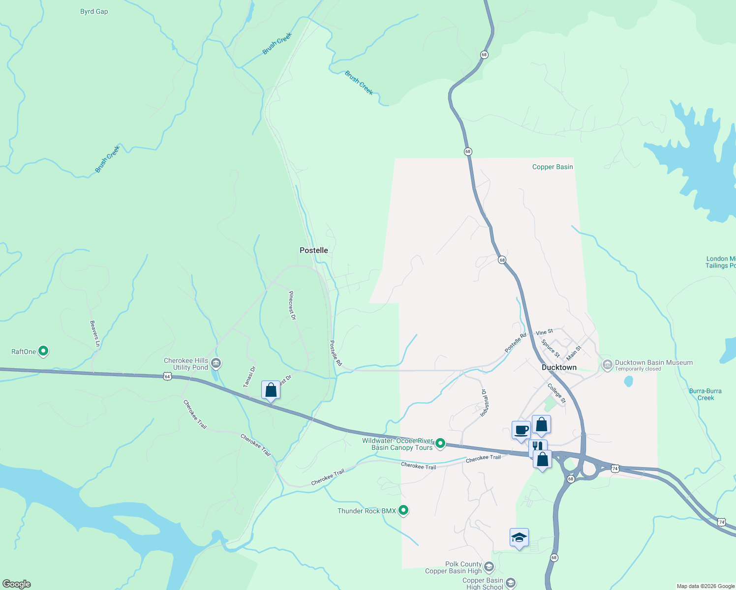 map of restaurants, bars, coffee shops, grocery stores, and more near 164 Cutcher Street in Copperhill